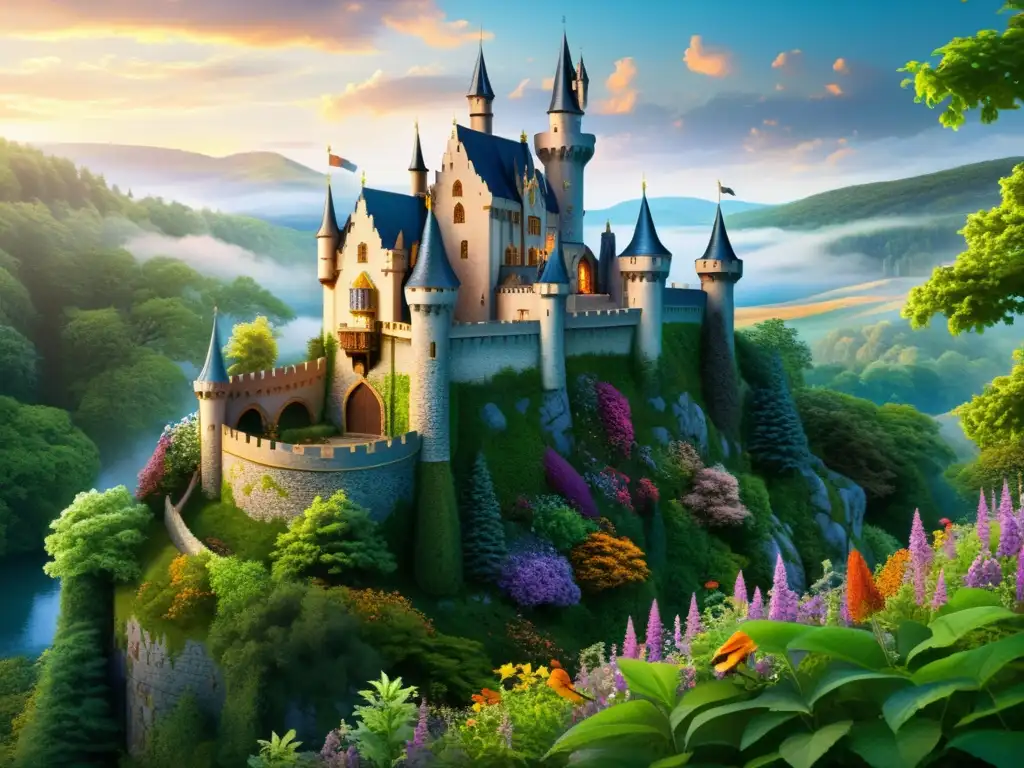 Una ilustración detallada de un castillo medieval europeo rodeado por un bosque encantado, con la Bella Durmiente descansando en un lecho de vibrantes flores silvestres, creando una atmósfera mística