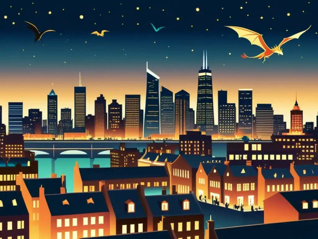 Una ilustración detallada de una ciudad moderna de noche, con bestias míticas integradas sutilmente en la arquitectura urbana