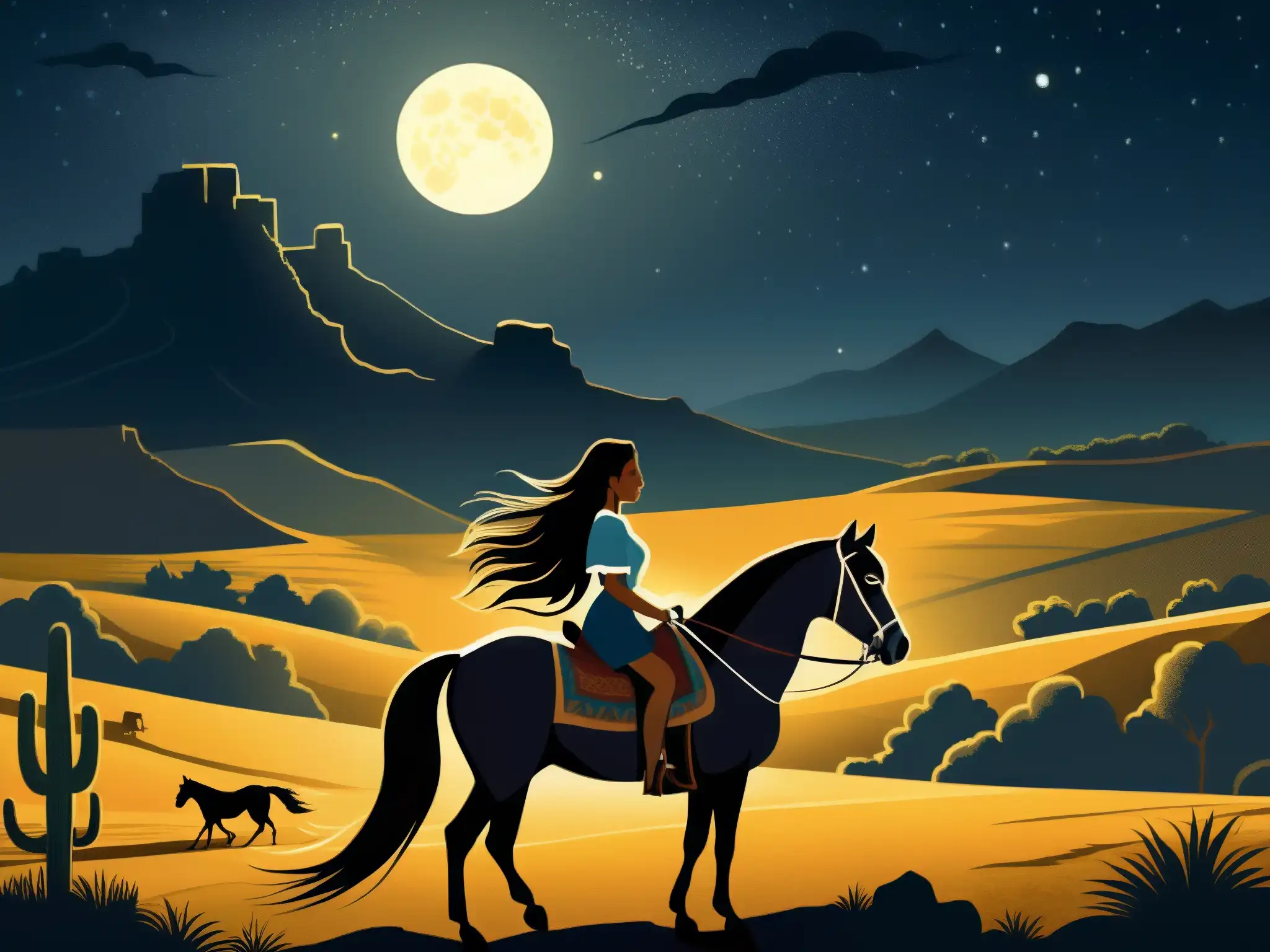 Una ilustración detallada de un paisaje mexicano iluminado por la luna, con la figura sombría de La Cegua emergiendo de la oscuridad