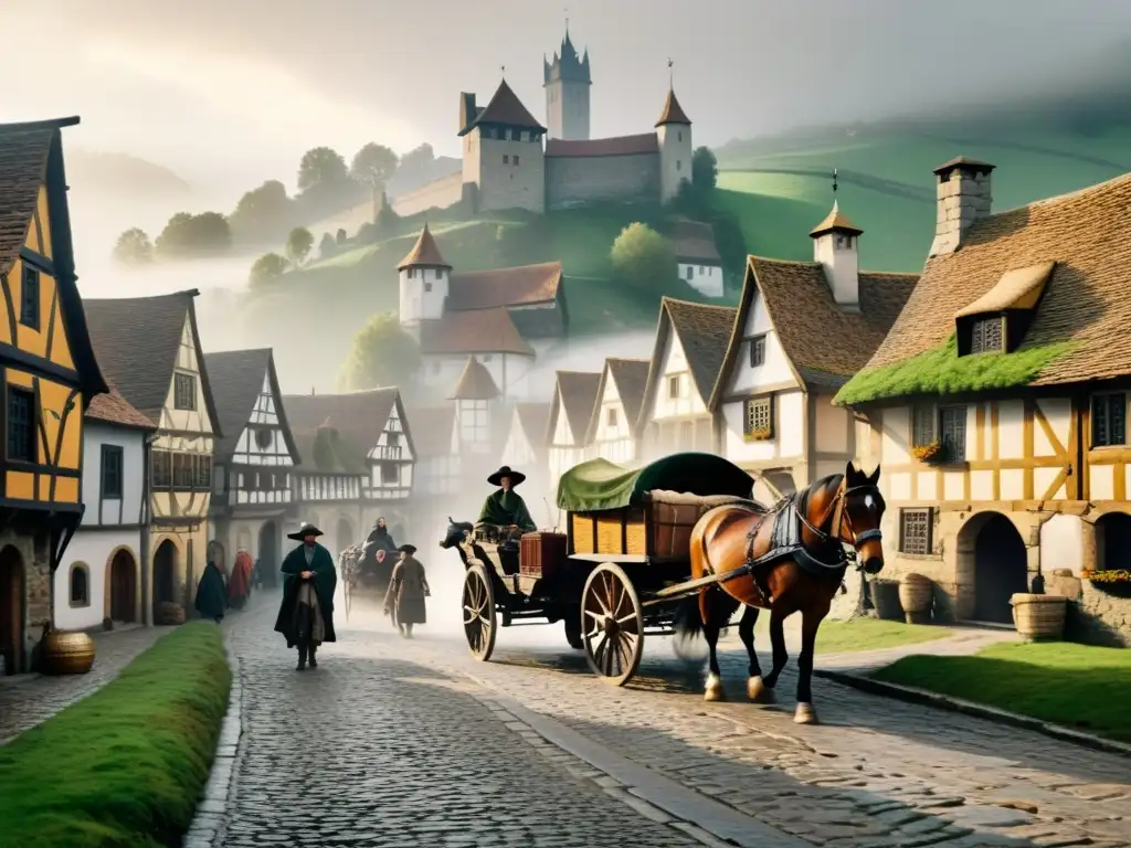 Una ilustración detallada de un pueblo medieval envuelto en niebla, con figuras misteriosas y un carro de cuerpos