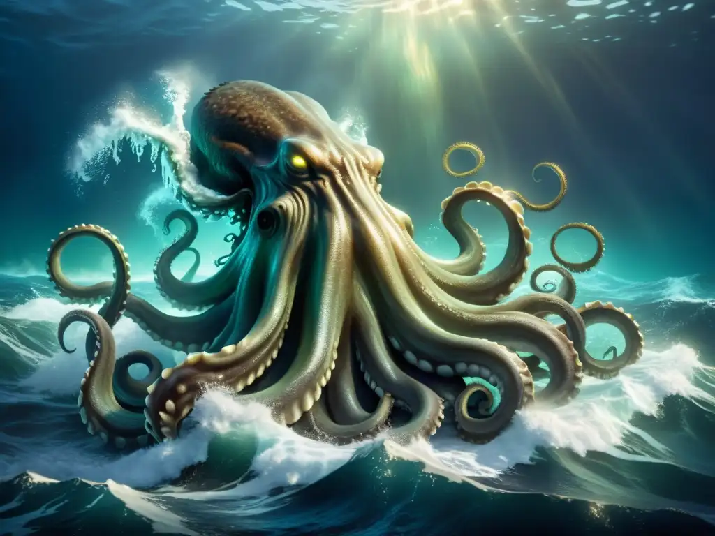 Una ilustración detallada y realista del Kraken emerge de las profundidades del océano, mostrando su imponente y temible naturaleza