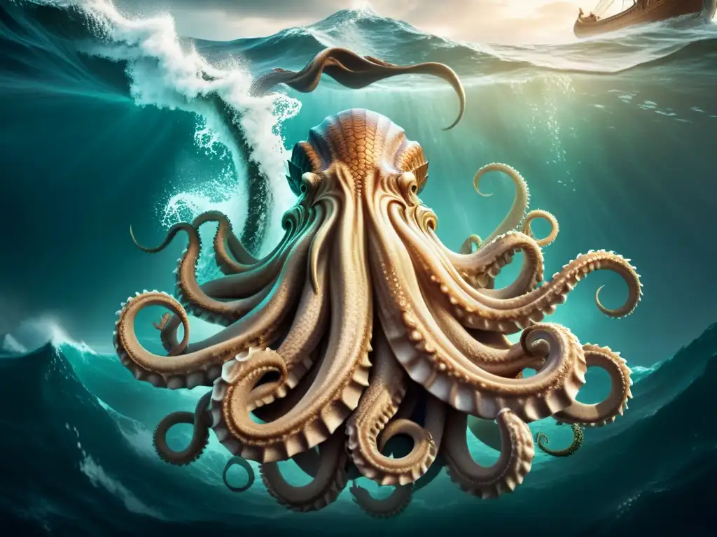 Una ilustración detallada en 8k de un temible Kraken emergiendo del océano, con su largos tentáculos alcanzando a un barco vikingo