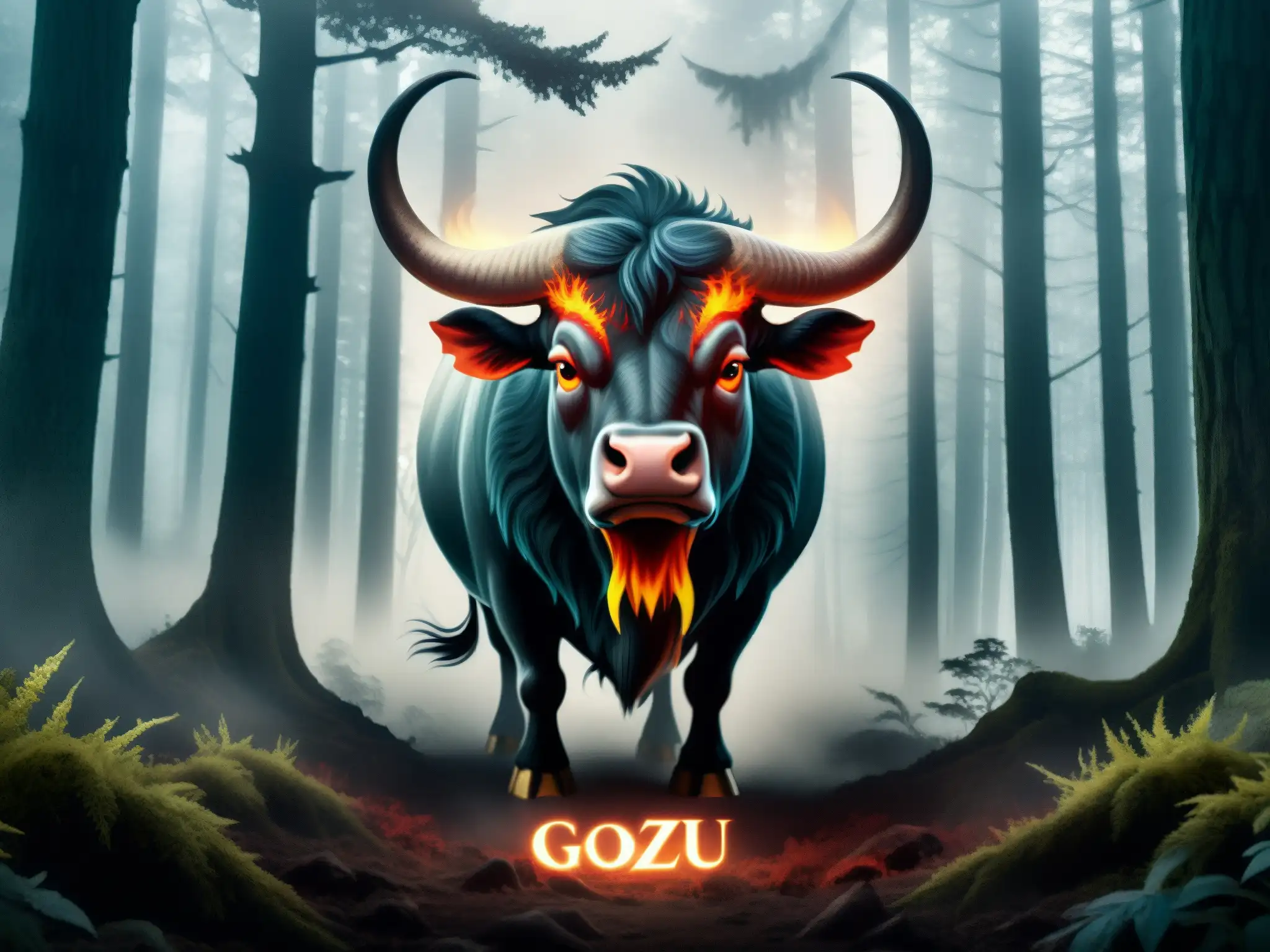 Una ilustración digital detallada del mitológico Gozu emergiendo de un oscuro y neblinoso bosque, evocando el origen y popularidad de la leyenda