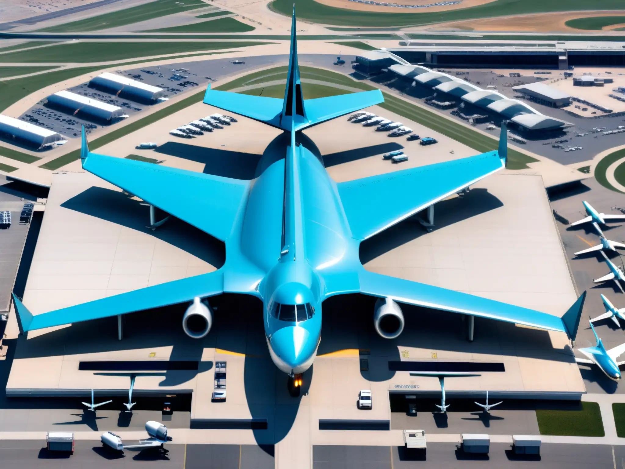 Imagen aérea del aeropuerto internacional de Denver con la escultura del 'Blue Mustang' y la arquitectura única