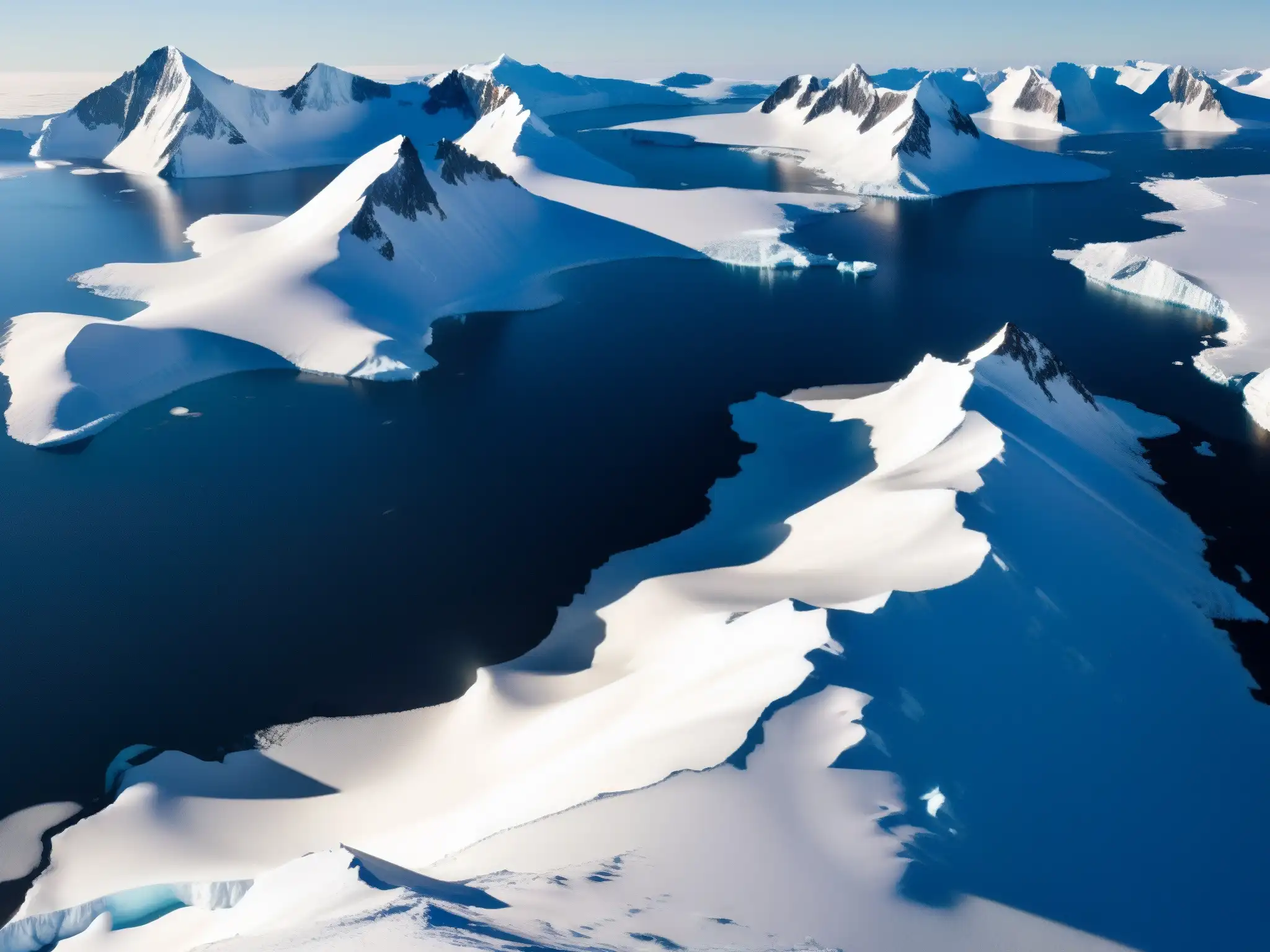 Imagen aérea de la Antártida con vasto paisaje helado, montañas escarpadas y estación de investigación, evocando misterios de bases alienígenas Antártida mitos leyendas