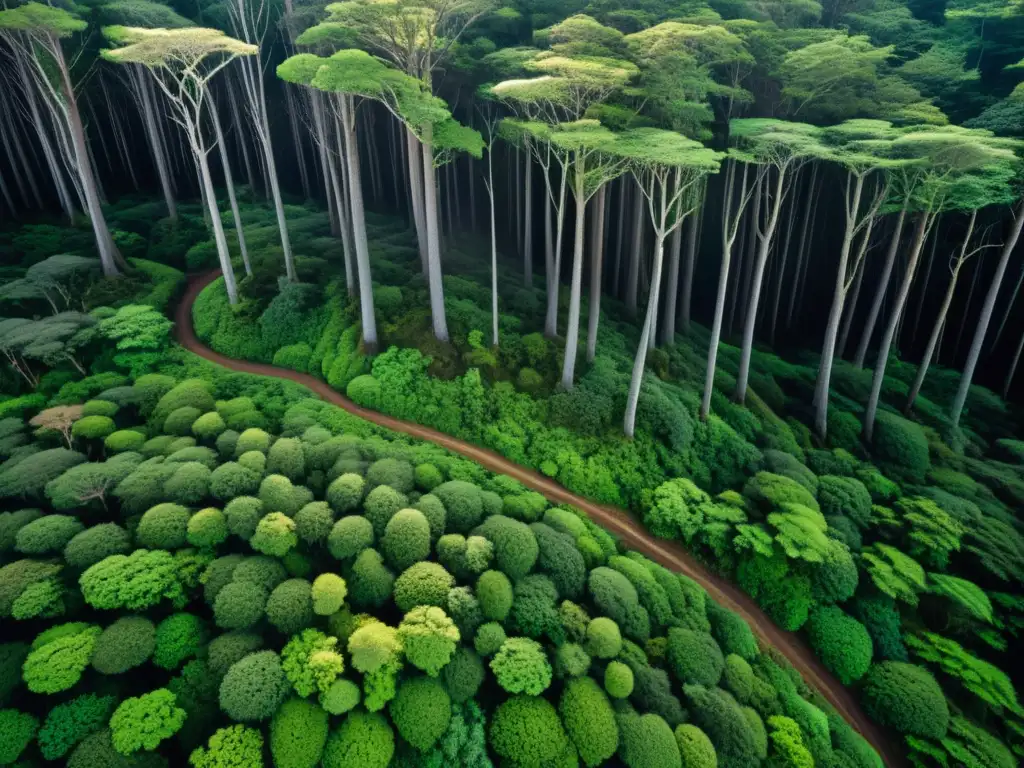 Imagen aérea del denso bosque de Aokigahara, con senderos entre el dosel y la luz filtrándose