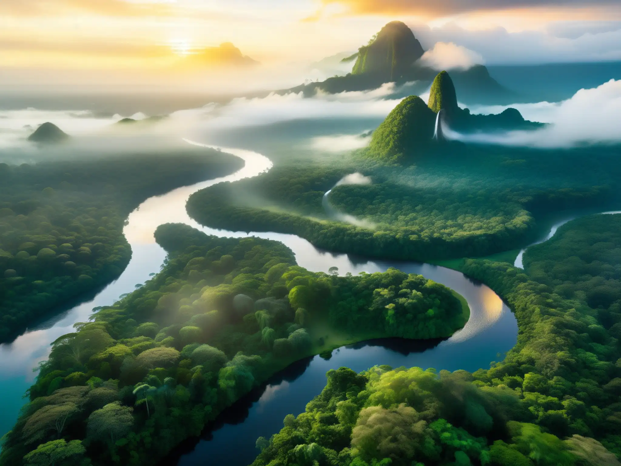 Imagen aérea de la exuberante selva amazónica con ríos serpenteantes y aves coloridas, evocando la mítica ciudad perdida El Dorado