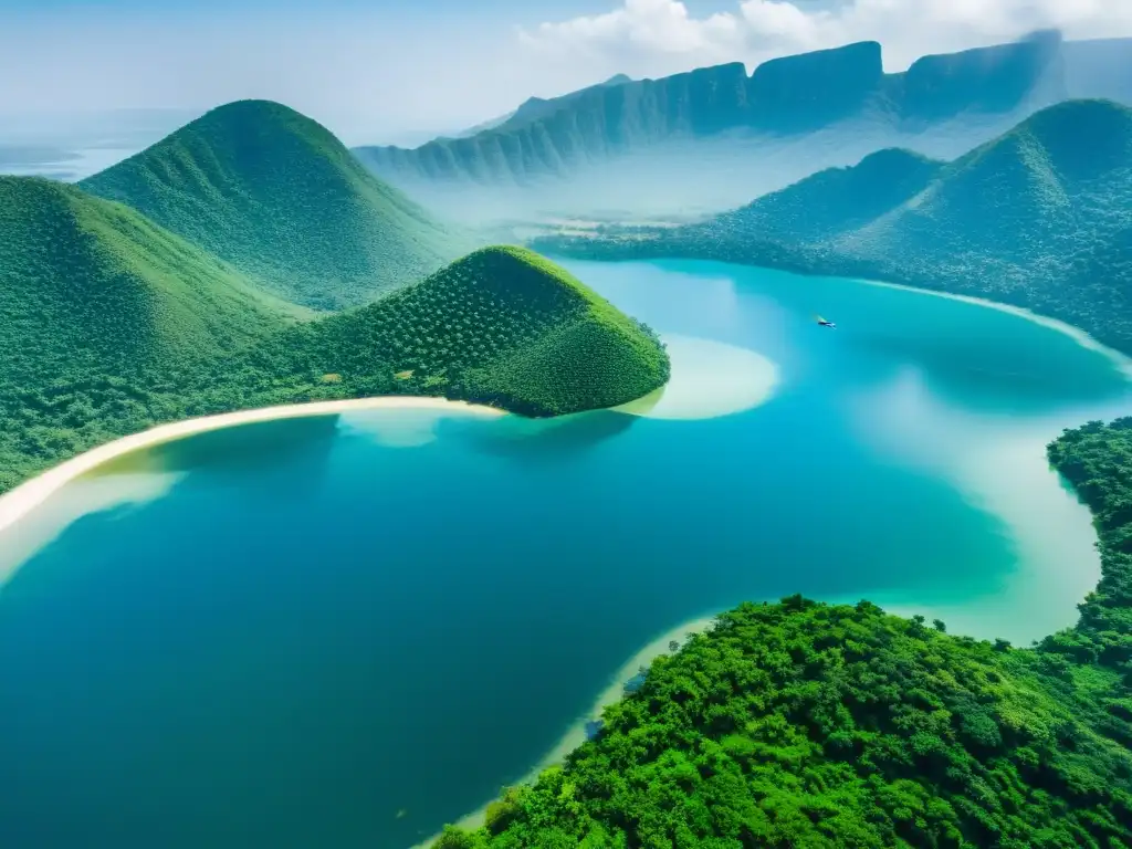 Imagen aérea del relajante lago Bosumtwi rodeado de exuberante vegetación y colinas, reflejando el cielo azul