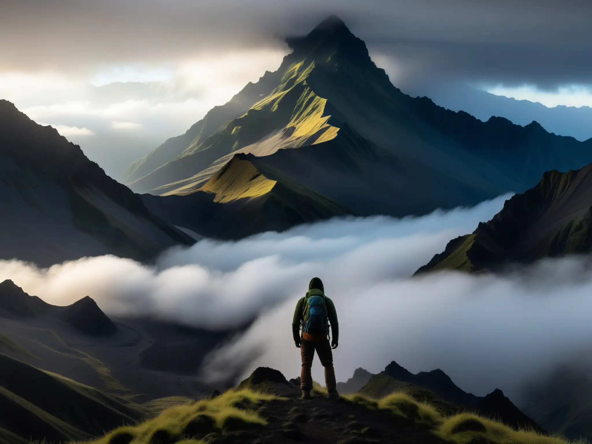 Imagen de alta resolución del Monstruo del Páramo Cordillera Andina, una misteriosa figura que se funde en la niebla, evocando el folclore andino