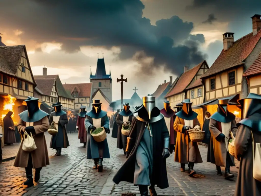 Imagen de alta resolución estilo documental de un pueblo medieval europeo durante un brote de la Peste Negra