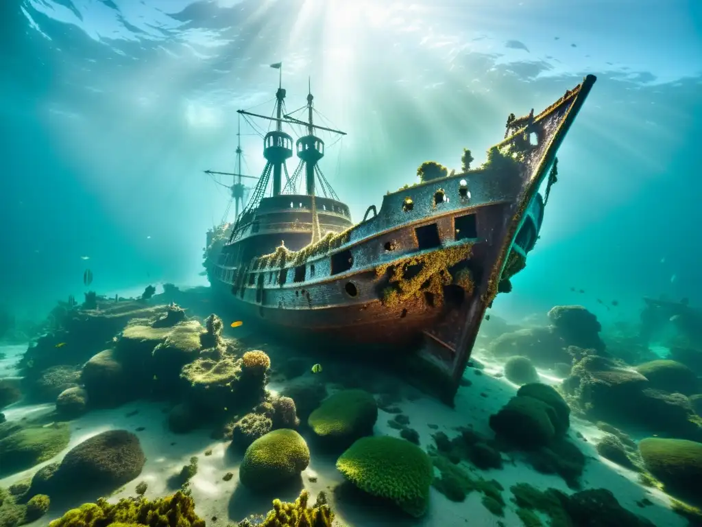 Imagen en alta resolución de un naufragio antiguo rodeado de peces, iluminado por rayos de sol