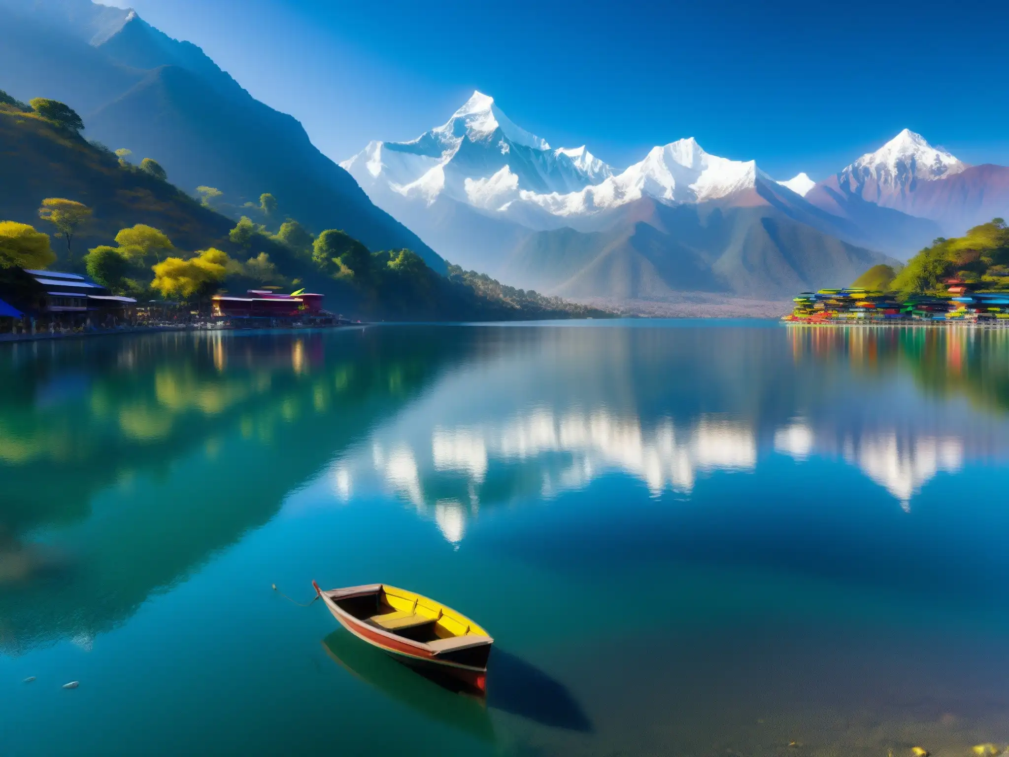 Imagen de alta resolución del sereno lago Phewa con las majestuosas montañas Annapurna al fondo, reflejando la leyenda de la Dama del Lago en Nepal