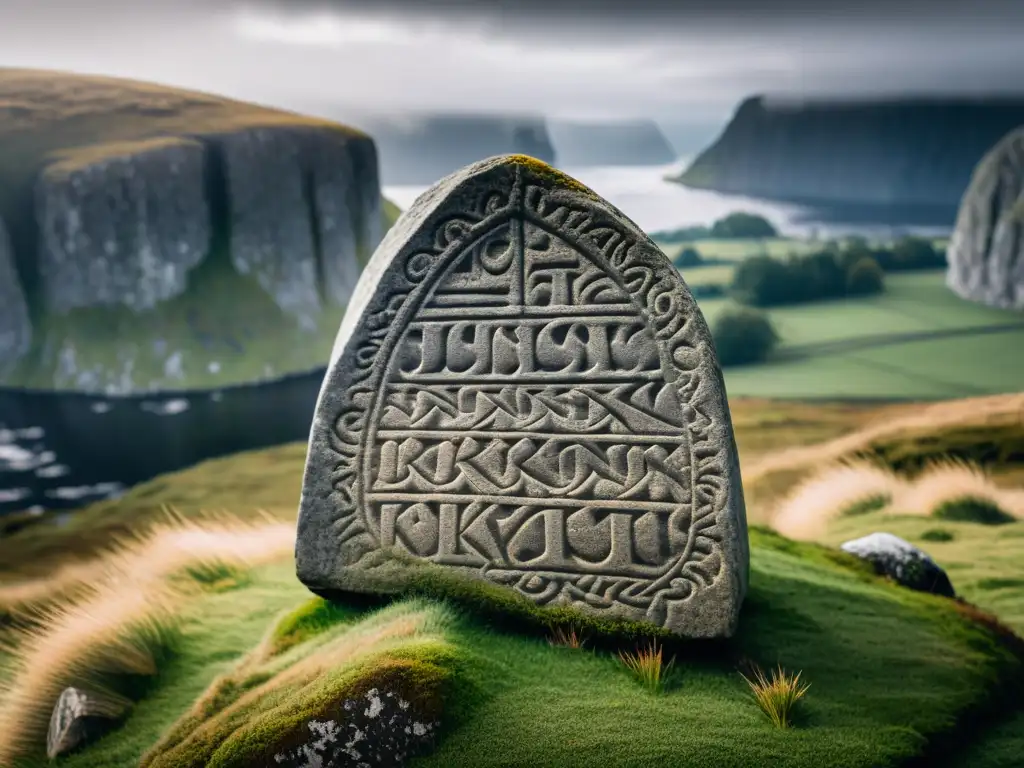 Una imagen de alta resolución de una antigua piedra rúnica vikinga, con inscripciones enigmáticas, destacando el significado y uso de runas vikingas