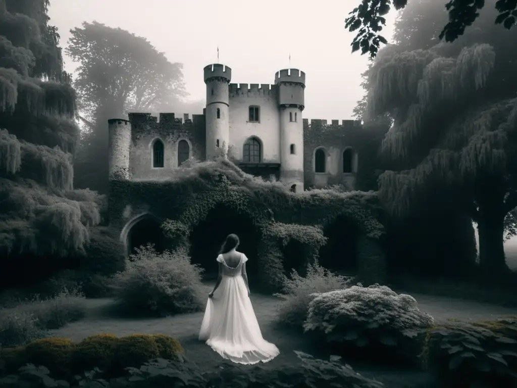 La imagen muestra un antiguo castillo europeo envuelto en niebla al anochecer, con la figura fantasmal de la Dama de Blanco en una ventana