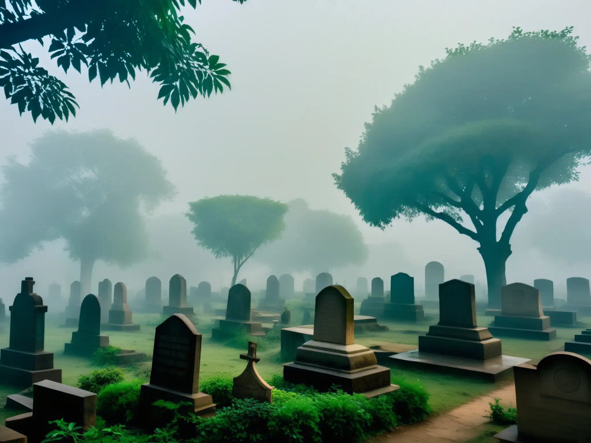 Una imagen sepia de un antiguo cementerio en Delhi, India, envuelto en neblina