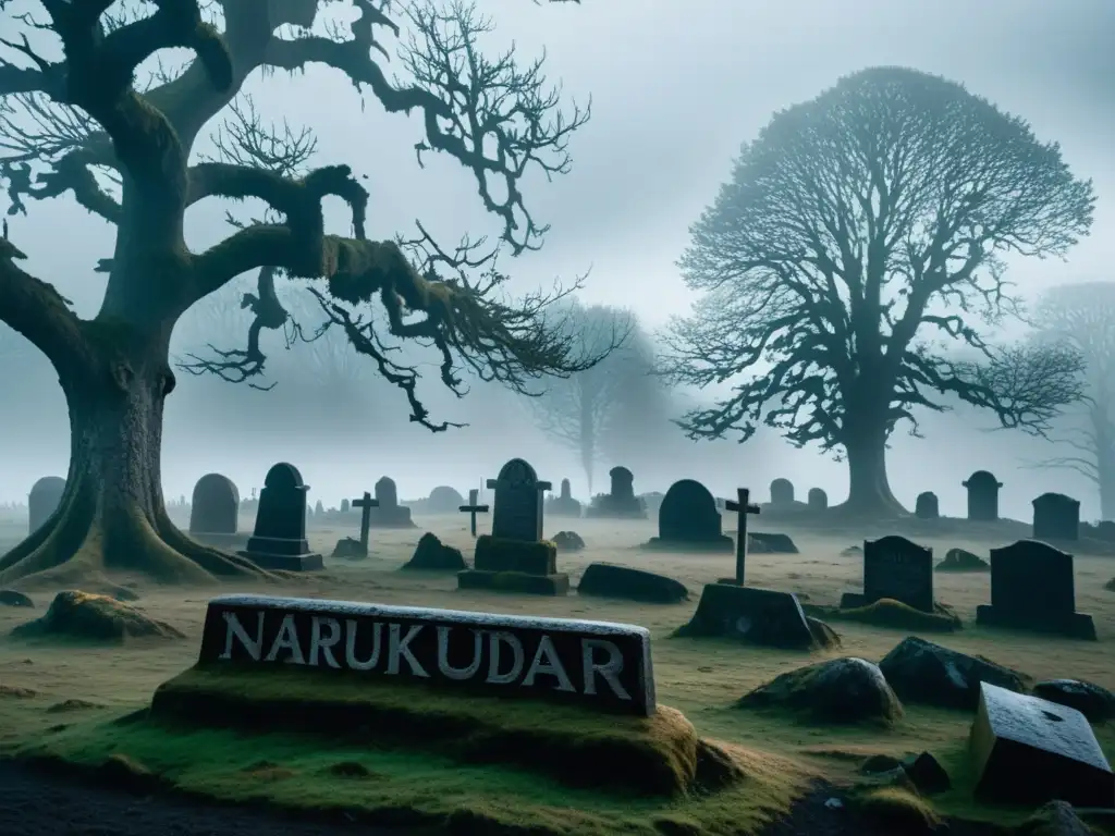 Imagen 8k de un antiguo cementerio nórdico envuelto en niebla, con tumbas y árboles fantasmales