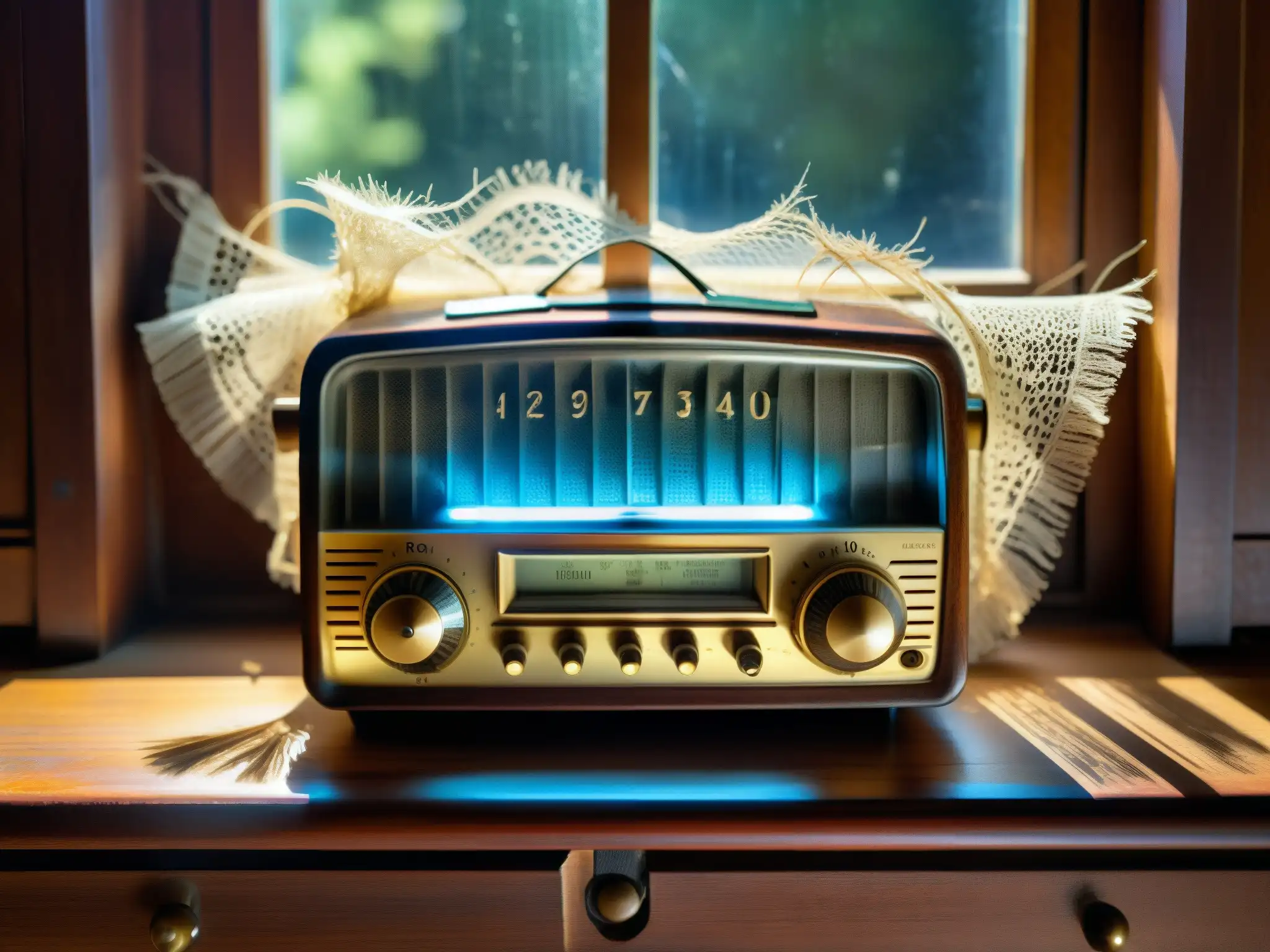 Imagen de un antiguo radio polvoriento iluminado por una tenue luz, rodeado de telarañas en una mesa de madera, evocando misterio y nostalgia
