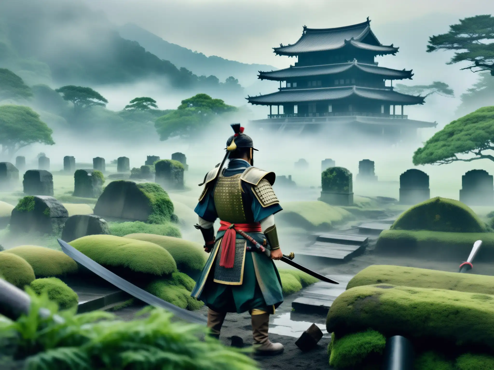 Imagen de apariciones fantasma de antiguas batallas de samuráis, evocando misterio y supernaturalidad en un campo de batalla cubierto de niebla