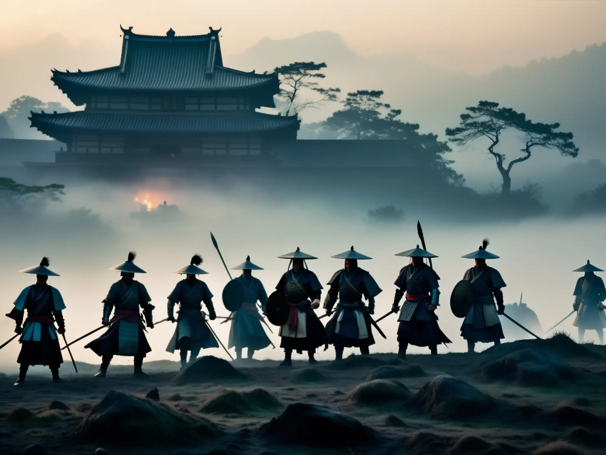 Imagen de apariciones samuráis fantasma en la neblina de antiguas batallas al anochecer, evocando misterio y leyendas
