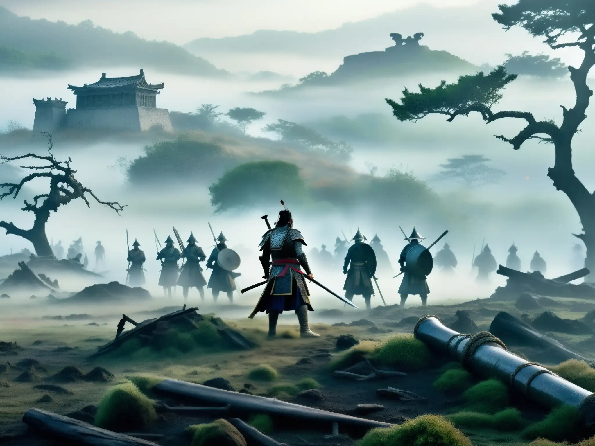Imagen de apariciones fantasma de antiguos samuráis en una neblinosa batalla, evocando misterio y la atmósfera sobrenatural de las batallas samurái
