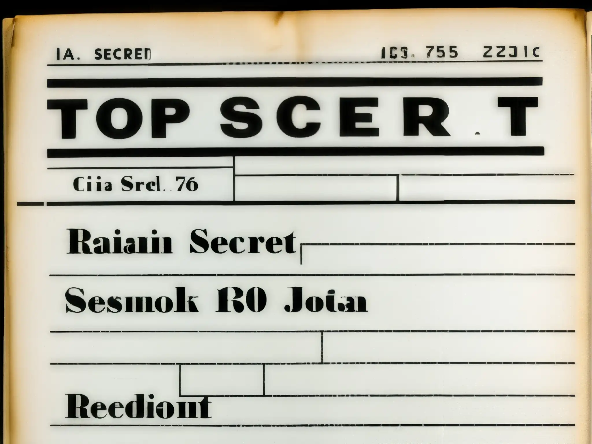 Imagen de archivo desclasificado de fenómenos paranormales de la CIA, en blanco y negro, con sellos de 'Top Secret' y efecto de sombra misteriosa