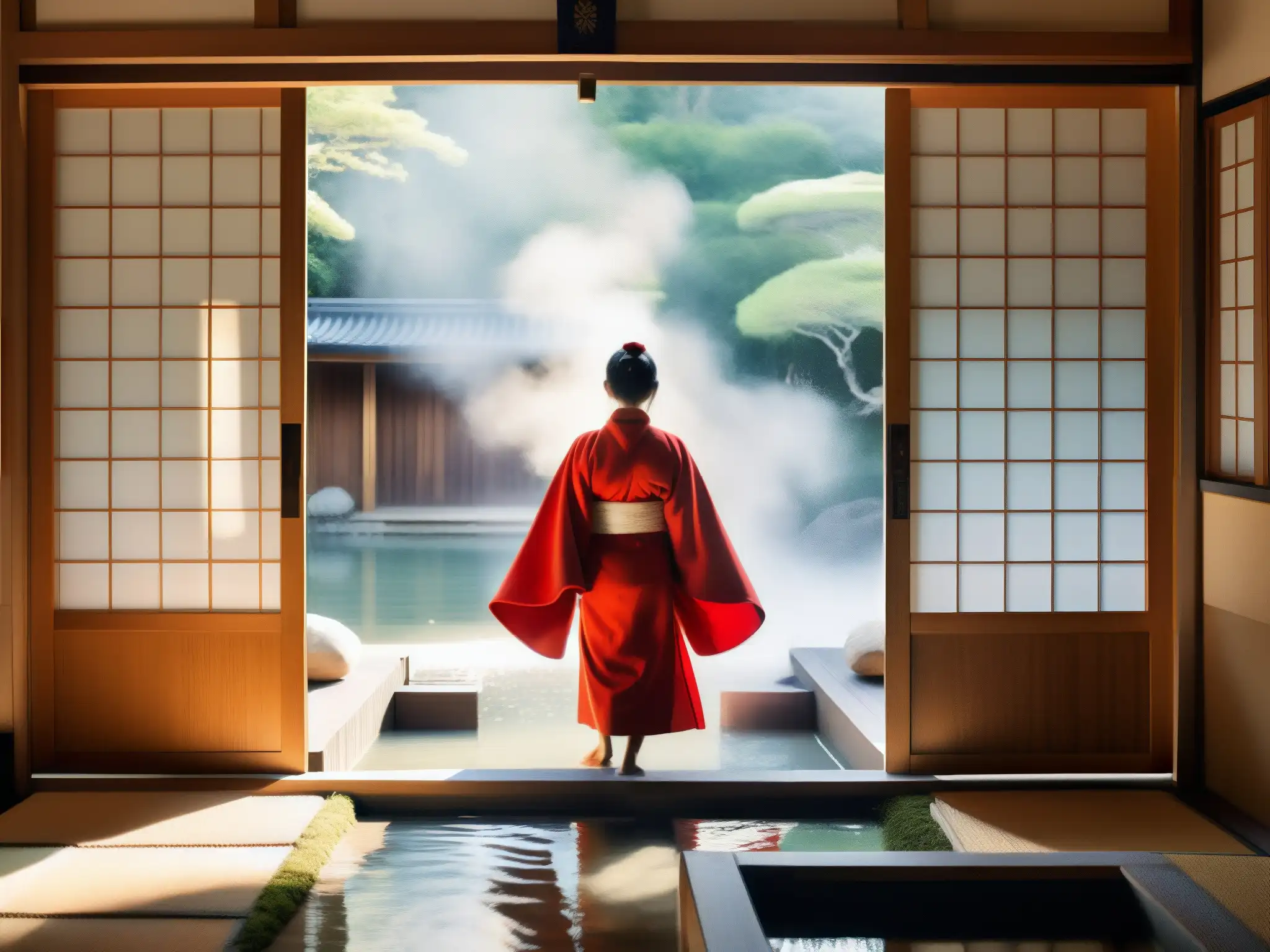 Una imagen de un baño tradicional japonés con elementos de madera y puertas corredizas de papel, iluminado por luz natural suave