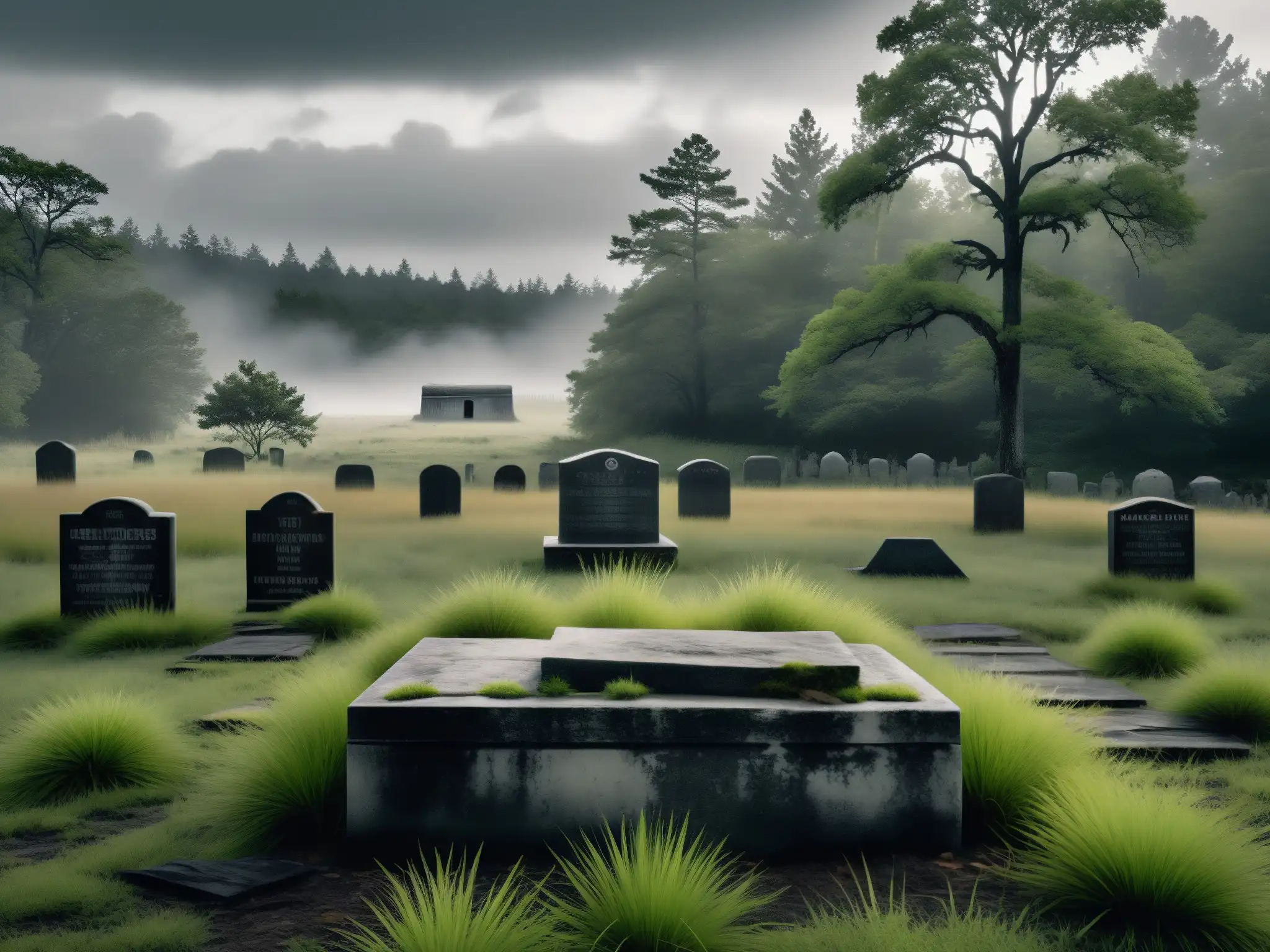 Imagen en blanco y negro de un antiguo cementerio nativo abandonado, con tumbas desgastadas y hierba crecida