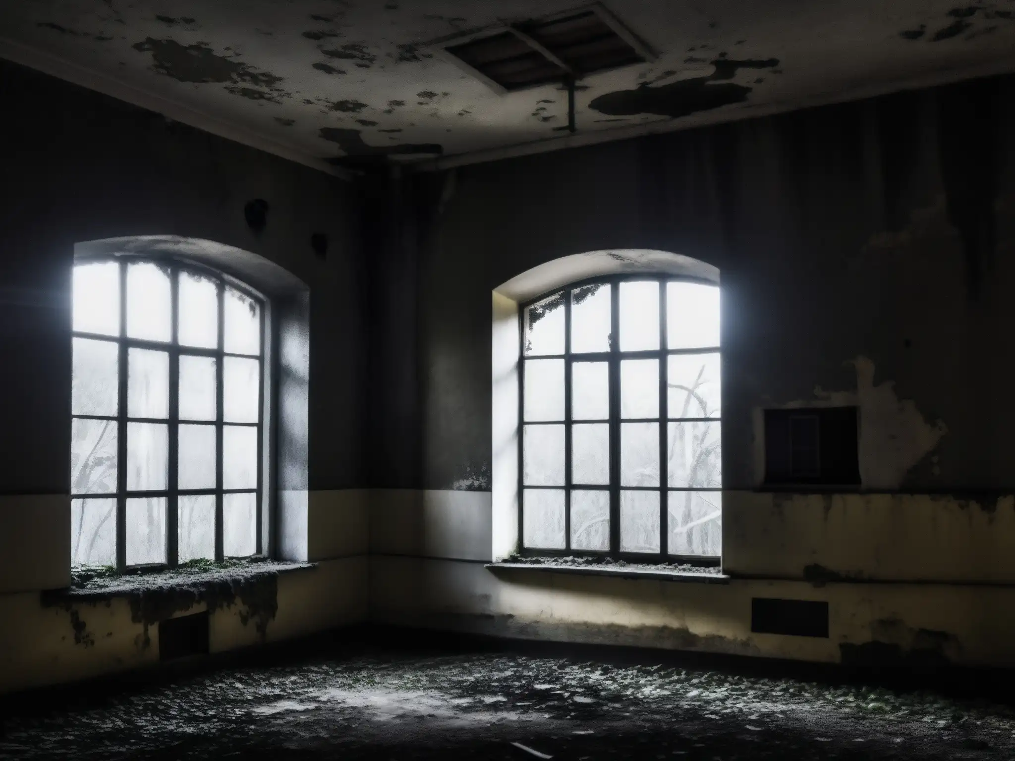 Imagen en blanco y negro de un antiguo hospital psiquiátrico abandonado, con enredaderas, ventanas rotas y sombras inquietantes