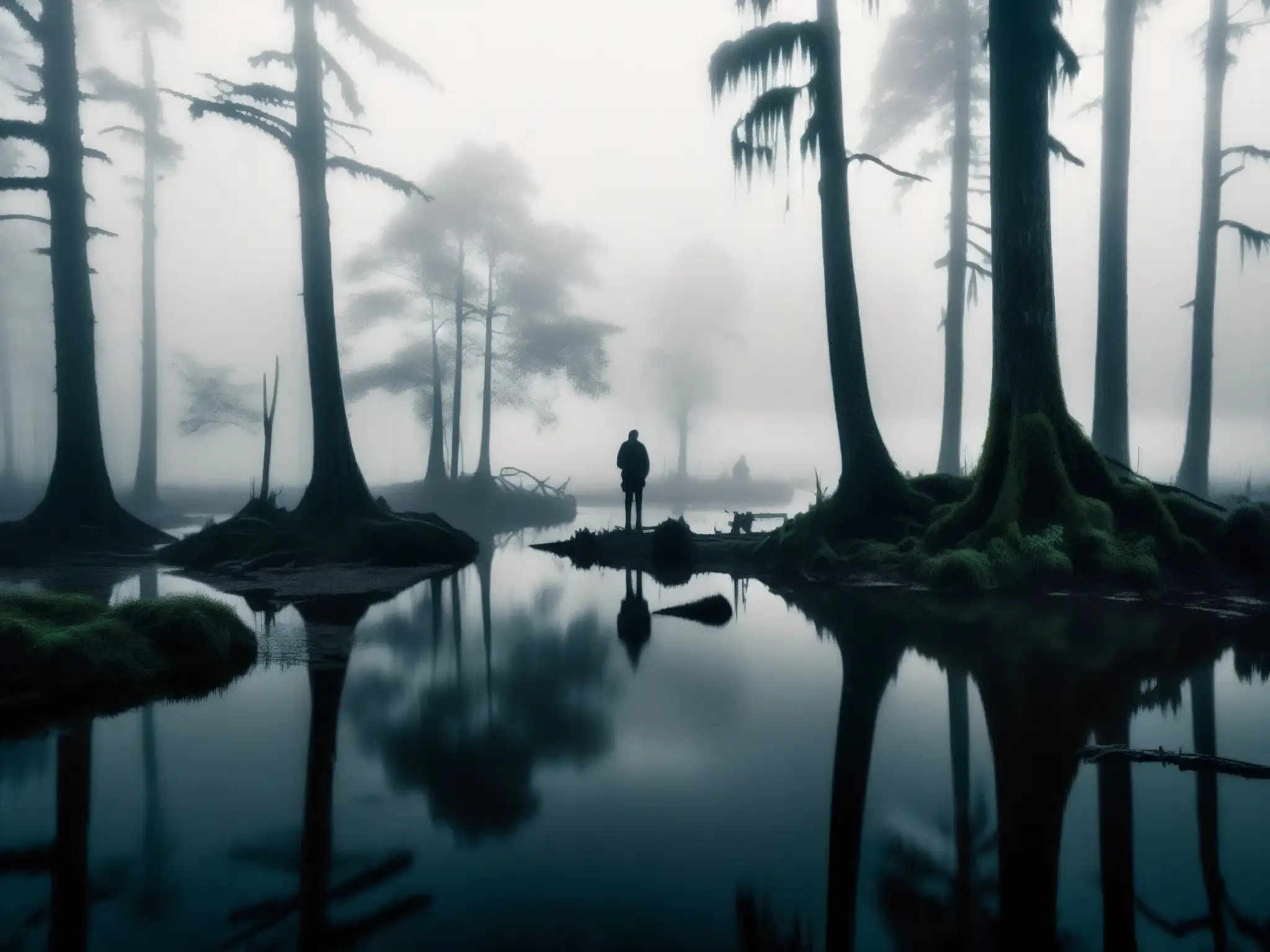 Imagen en blanco y negro de un bosque denso y pantanoso con neblina
