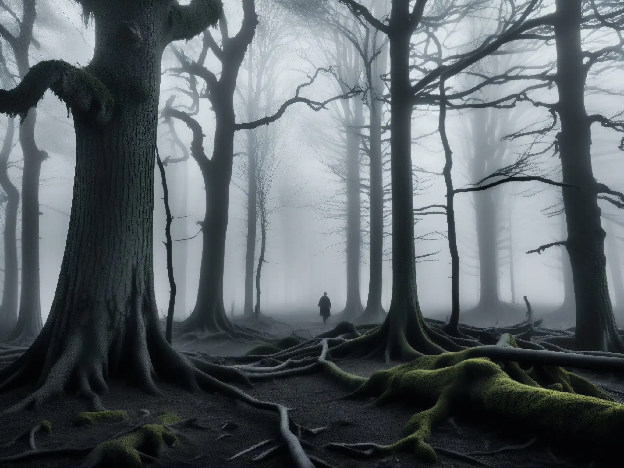 Imagen en blanco y negro de un bosque cubierto de niebla al atardecer, con árboles retorcidos y maleza enredada que crea una atmósfera misteriosa