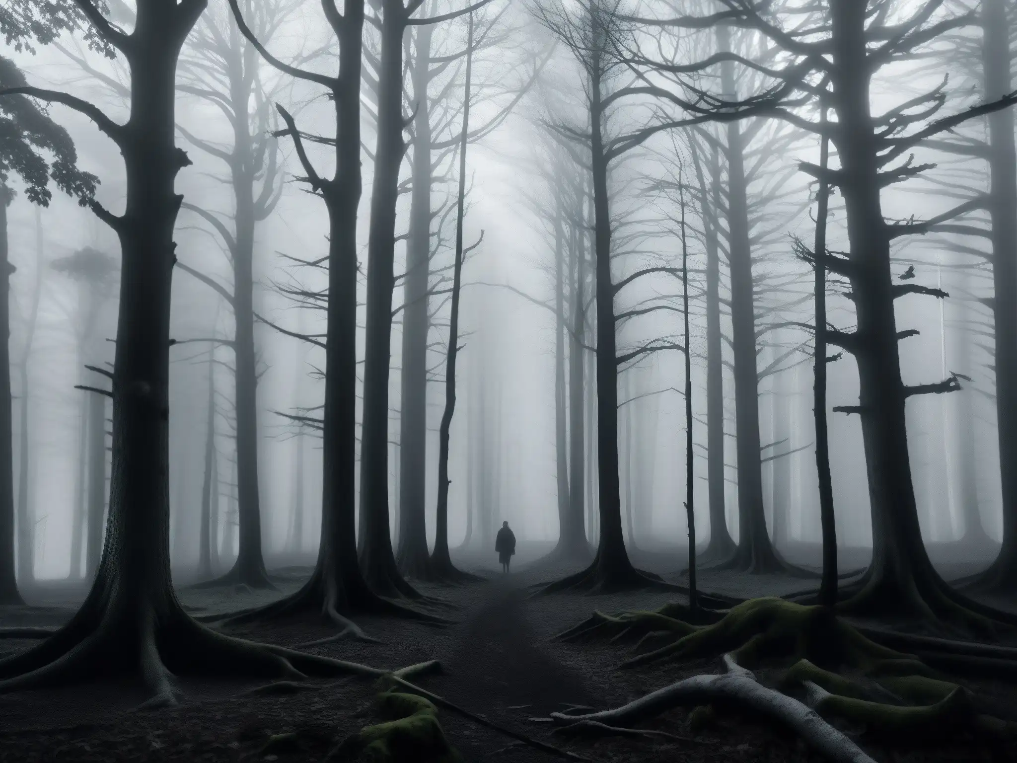 Imagen en blanco y negro de un bosque denso en la noche, con árboles retorcidos y una densa niebla