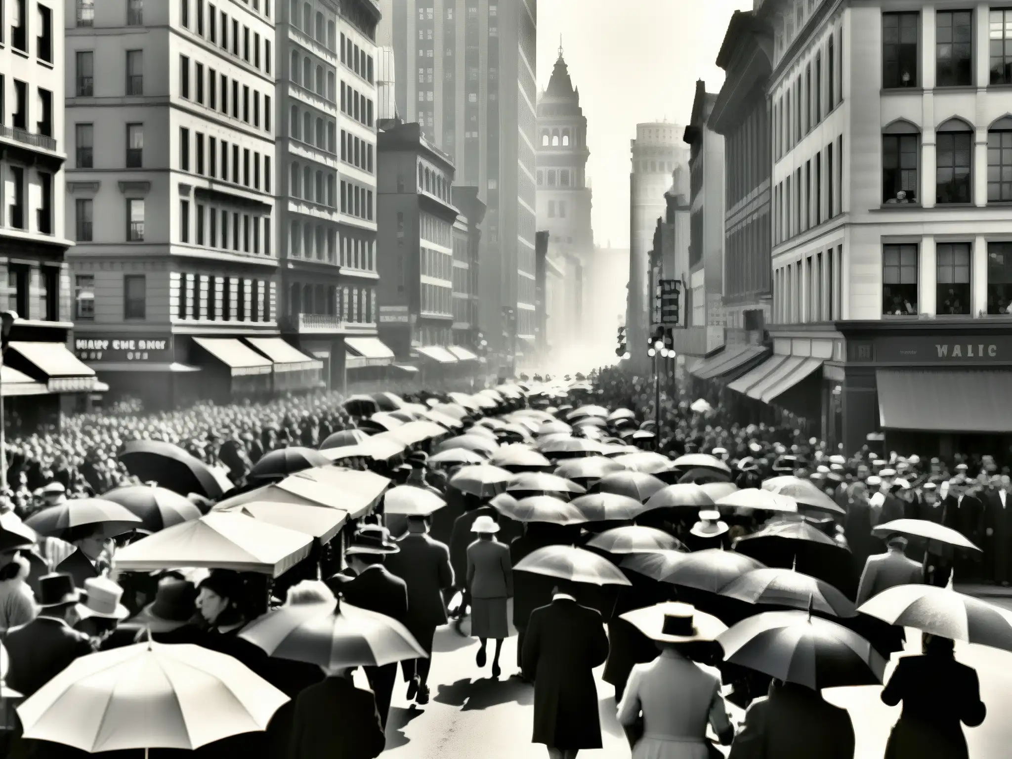 Imagen en blanco y negro de una bulliciosa calle urbana del siglo XX con edificios altos y gente variada caminando, algunos con paraguas y sombreros