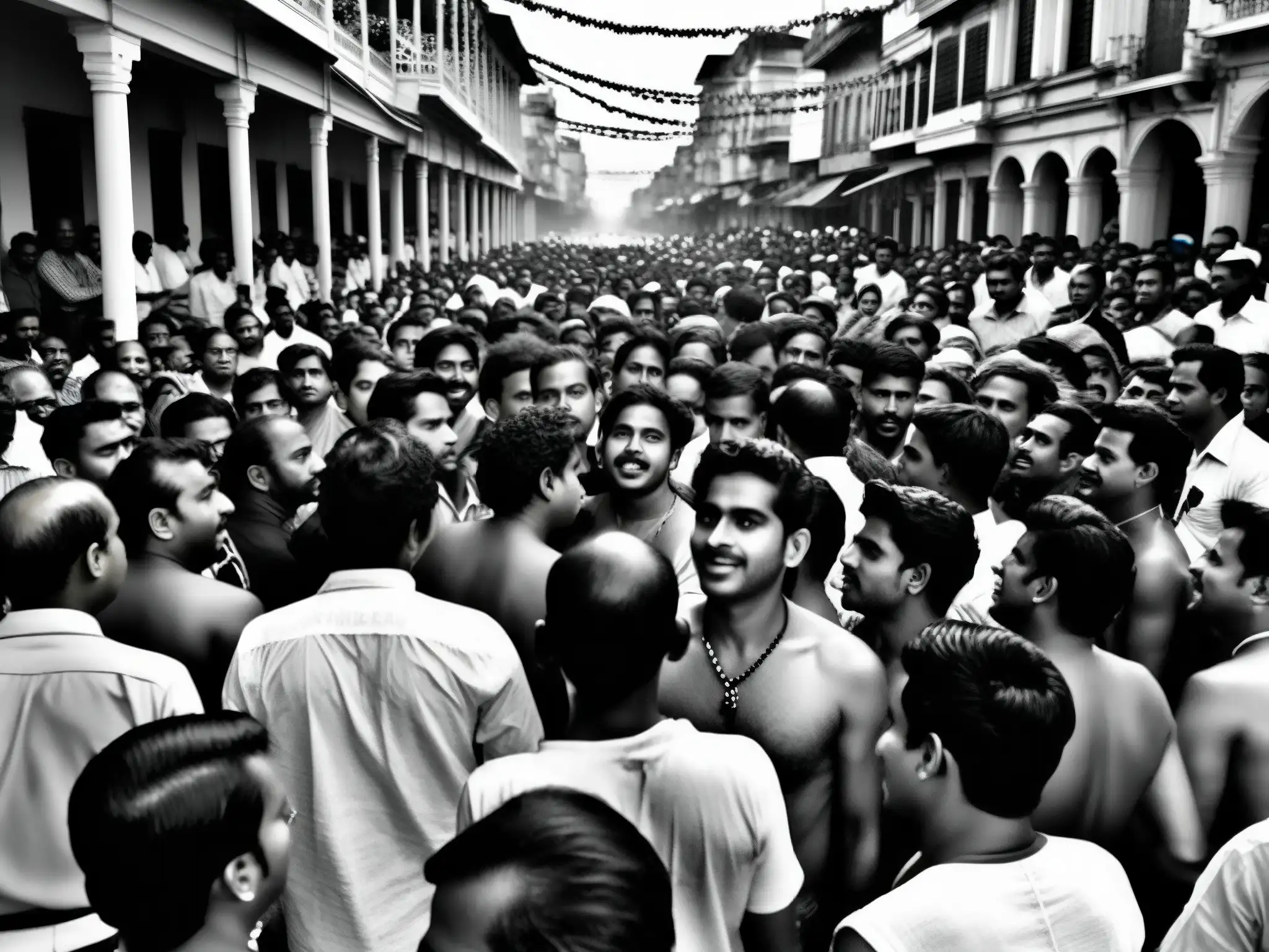 Imagen en blanco y negro de un bullicioso culto a la diosa Kali en las calles de Calcuta, con devotos danzando frenéticamente entre templos antiguos