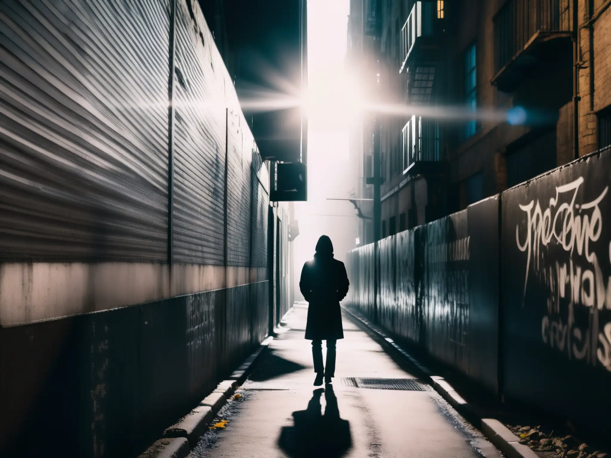 Una imagen en blanco y negro de un callejón sombrío en una ciudad bulliciosa, evocando la psicosis urbana y las leyendas contemporáneas