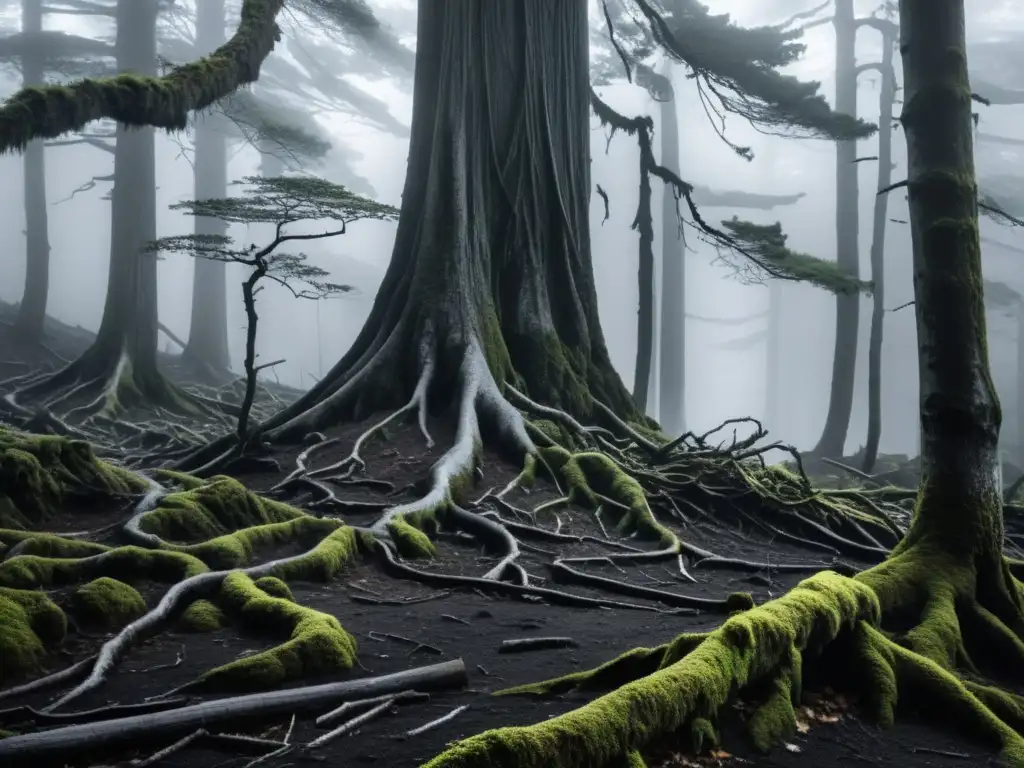 Imagen en blanco y negro del bosque Aokigahara, cubierto de niebla, con raíces retorcidas y ramas en una atmósfera inquietante