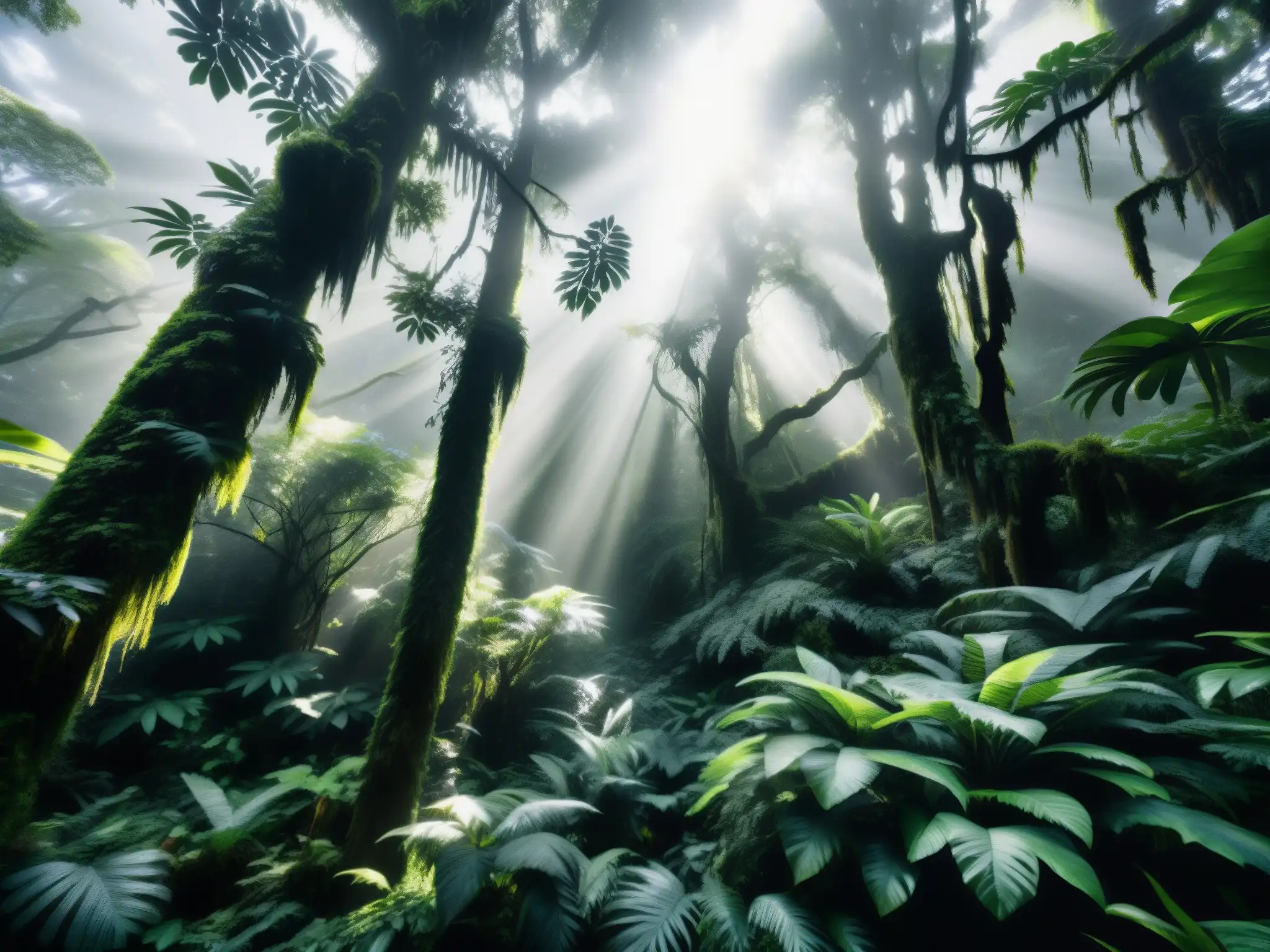 Imagen en blanco y negro de un denso bosque lluvioso cubierto de niebla en la costa del Pacífico, evocando la misteriosa y antigua leyenda de la Tunda