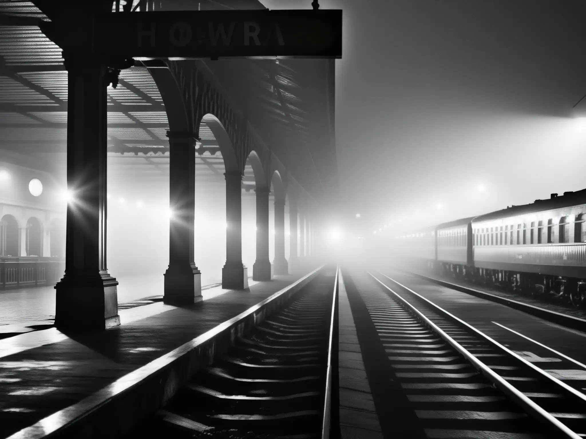 Una imagen en blanco y negro de la desierta estación de tren Howrah por la noche, con la misteriosa llegada del Tren Fantasma