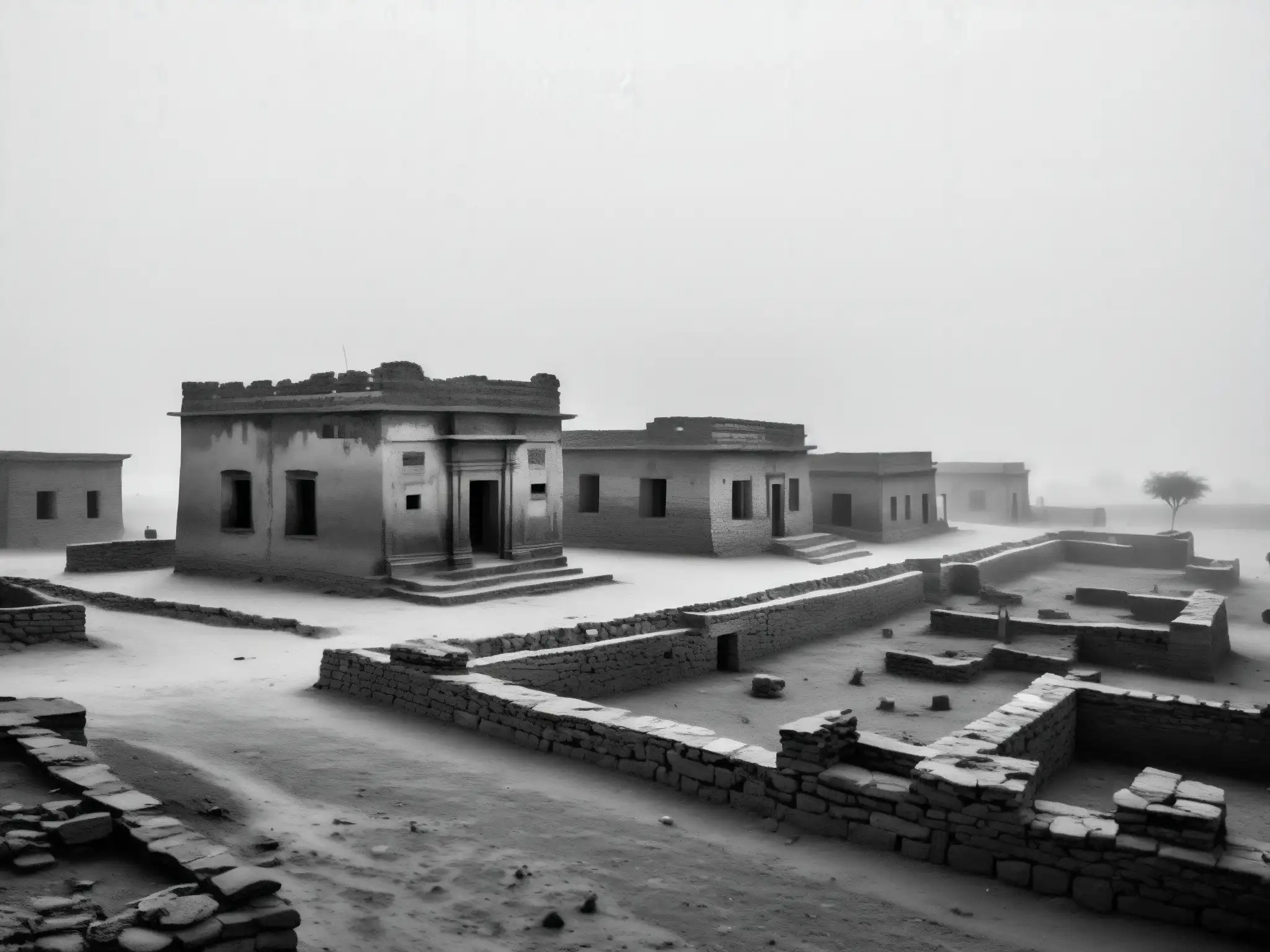 Imagen en blanco y negro de la desolada aldea de Kuldhara, envuelta en niebla y misterio, capturando la maldición de Kuldhara abandonada