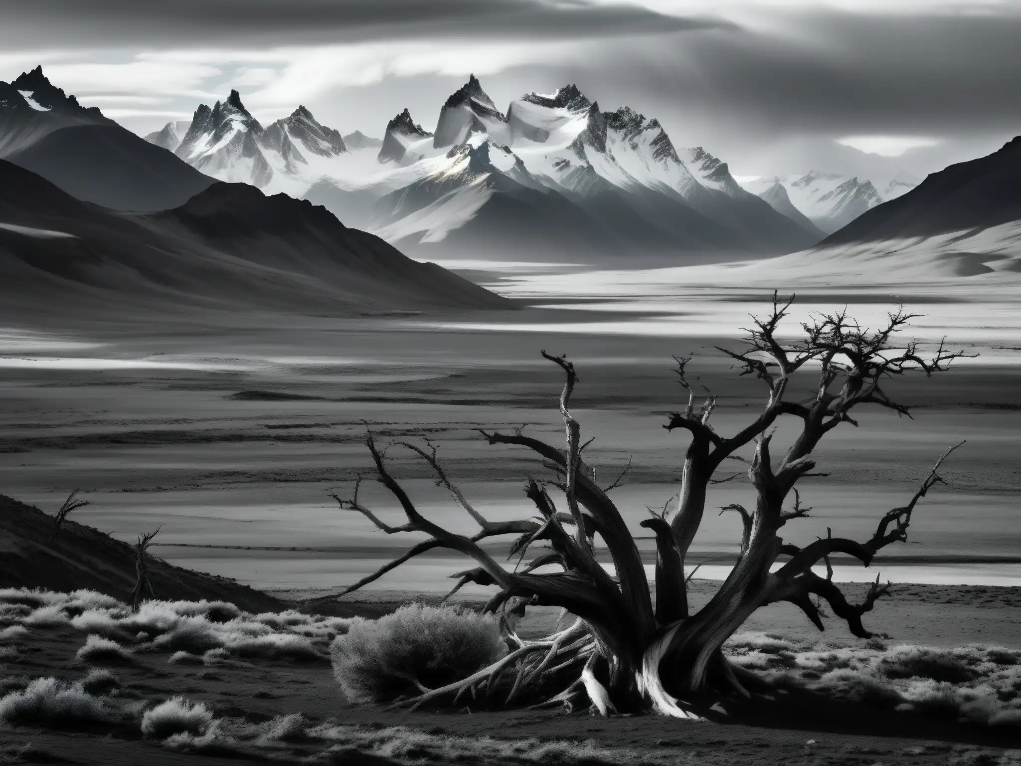 Imagen en blanco y negro de la desolada y ventosa región patagónica con árboles retorcidos por el Mito Viento Blanco