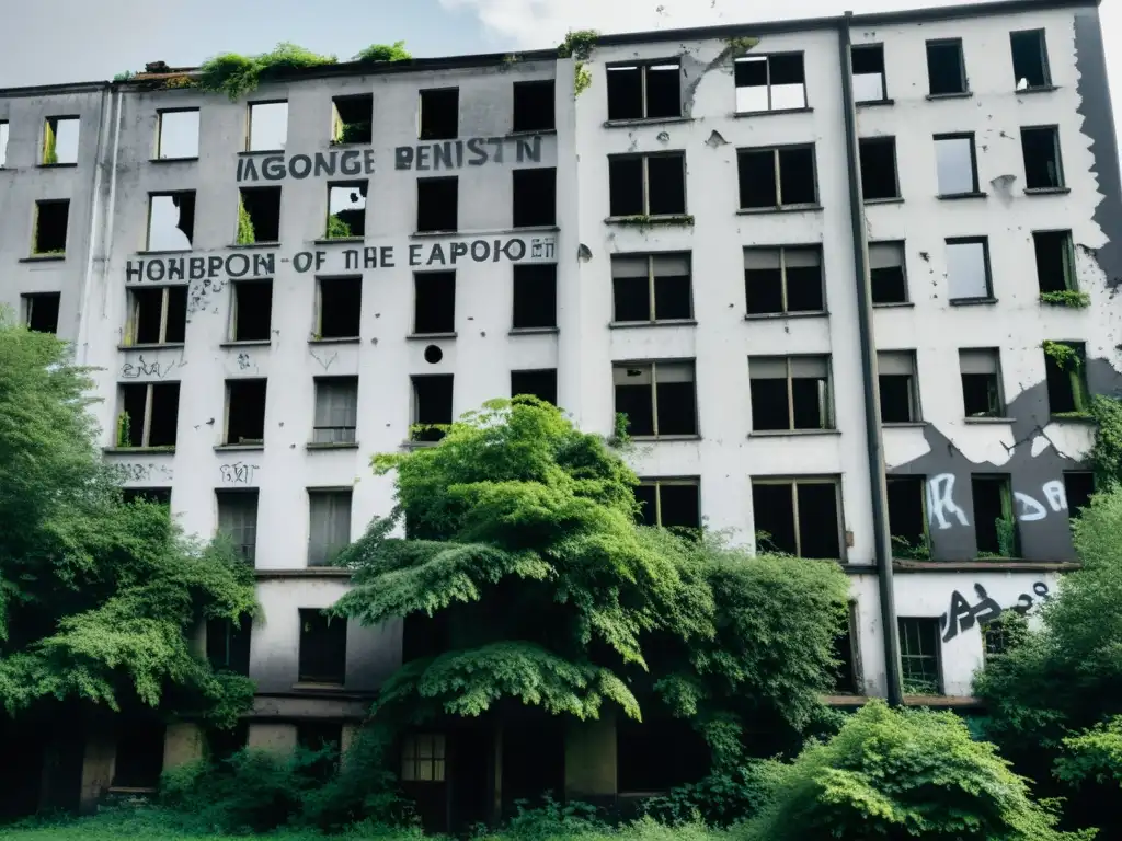 Imagen en blanco y negro de un edificio en ruinas con grafitis, ventanas rotas y vegetación desbordante