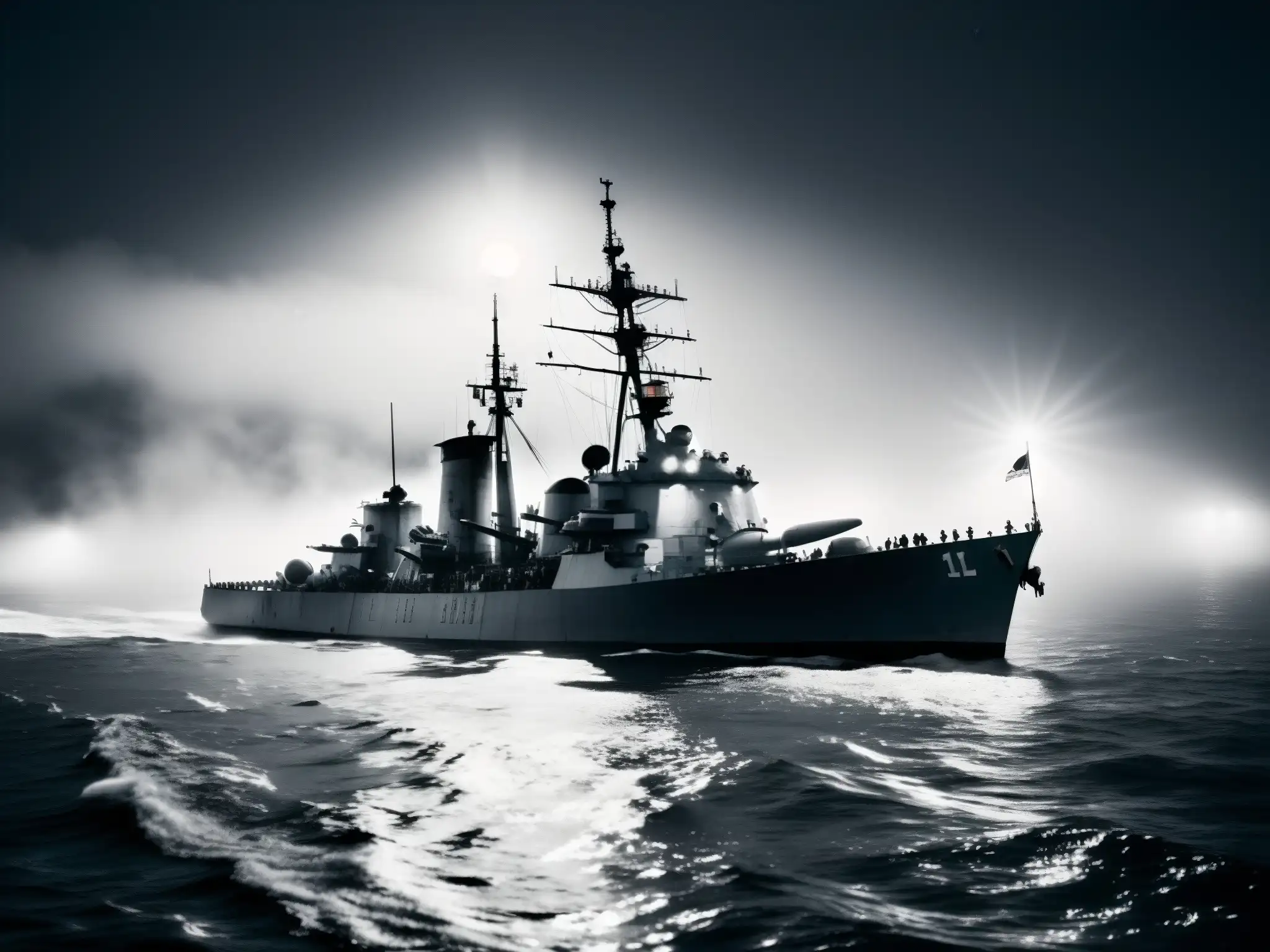 Imagen en blanco y negro del USS Eldridge envuelto en espeso neblina con un misterioso resplandor en su casco, evocando la atmósfera enigmática del Experimento Filadelfia teletransportación naval