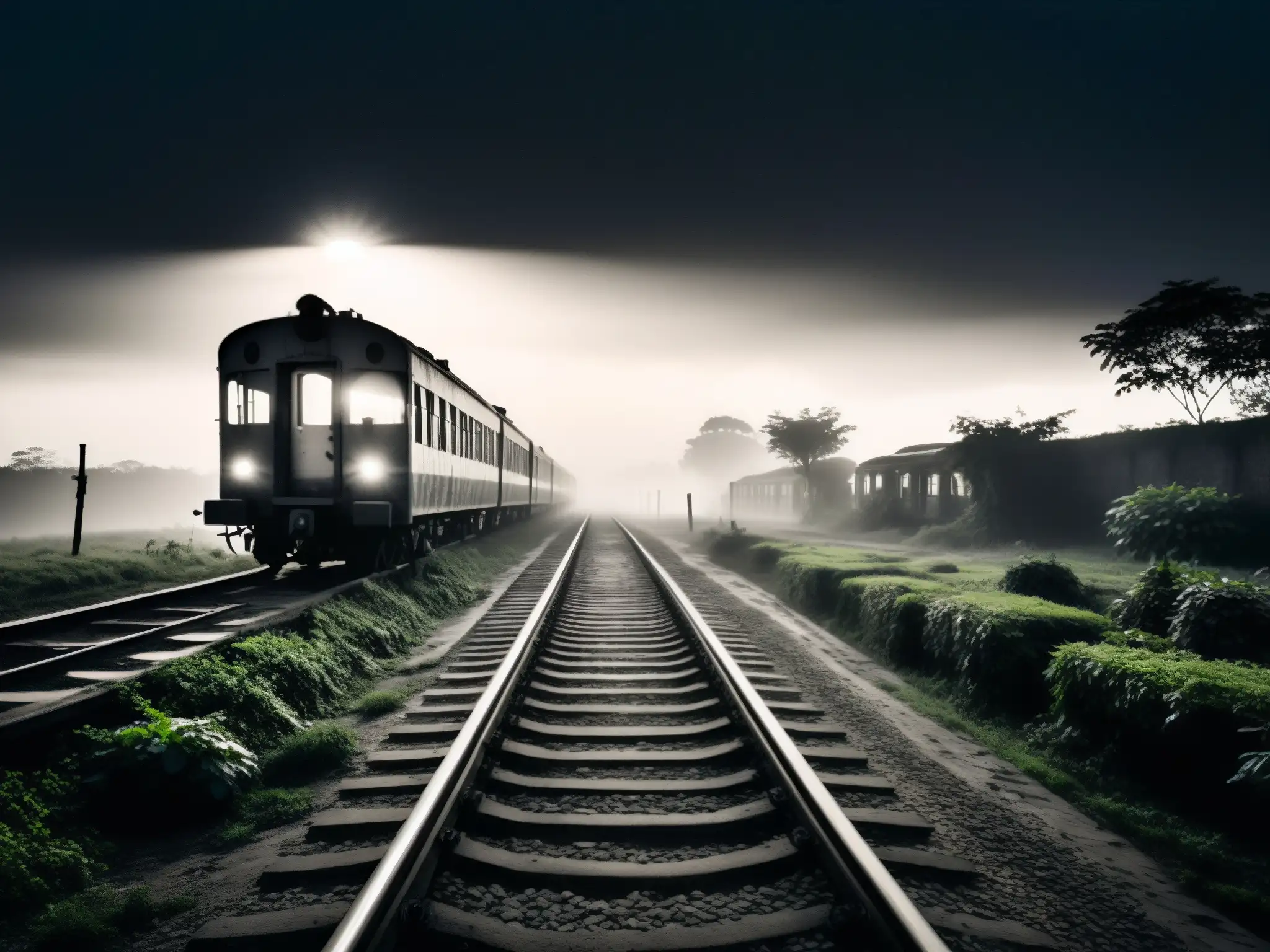 Imagen en blanco y negro del fantasma del tren en Bangladesh, en la noche neblinosa y desolada, rodeado de una atmósfera misteriosa y sobrecogedora