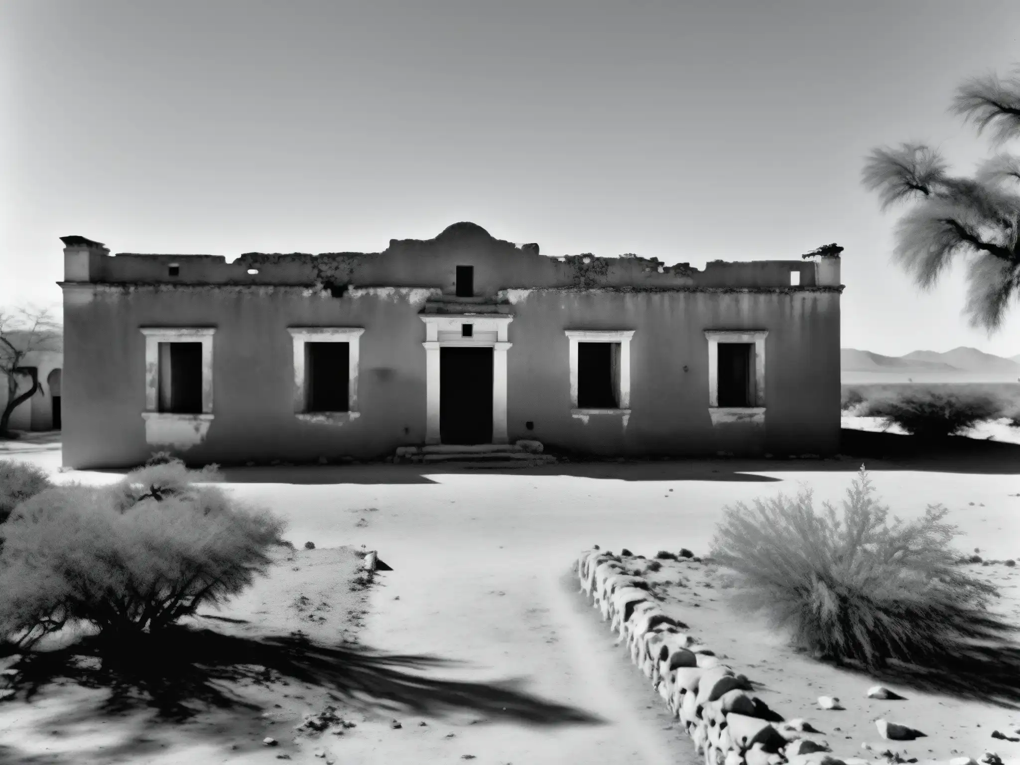Imagen en blanco y negro de la hacienda abandonada de Pancho Villa, mostrando la atmósfera desolada y la fortuna perdida del líder revolucionario