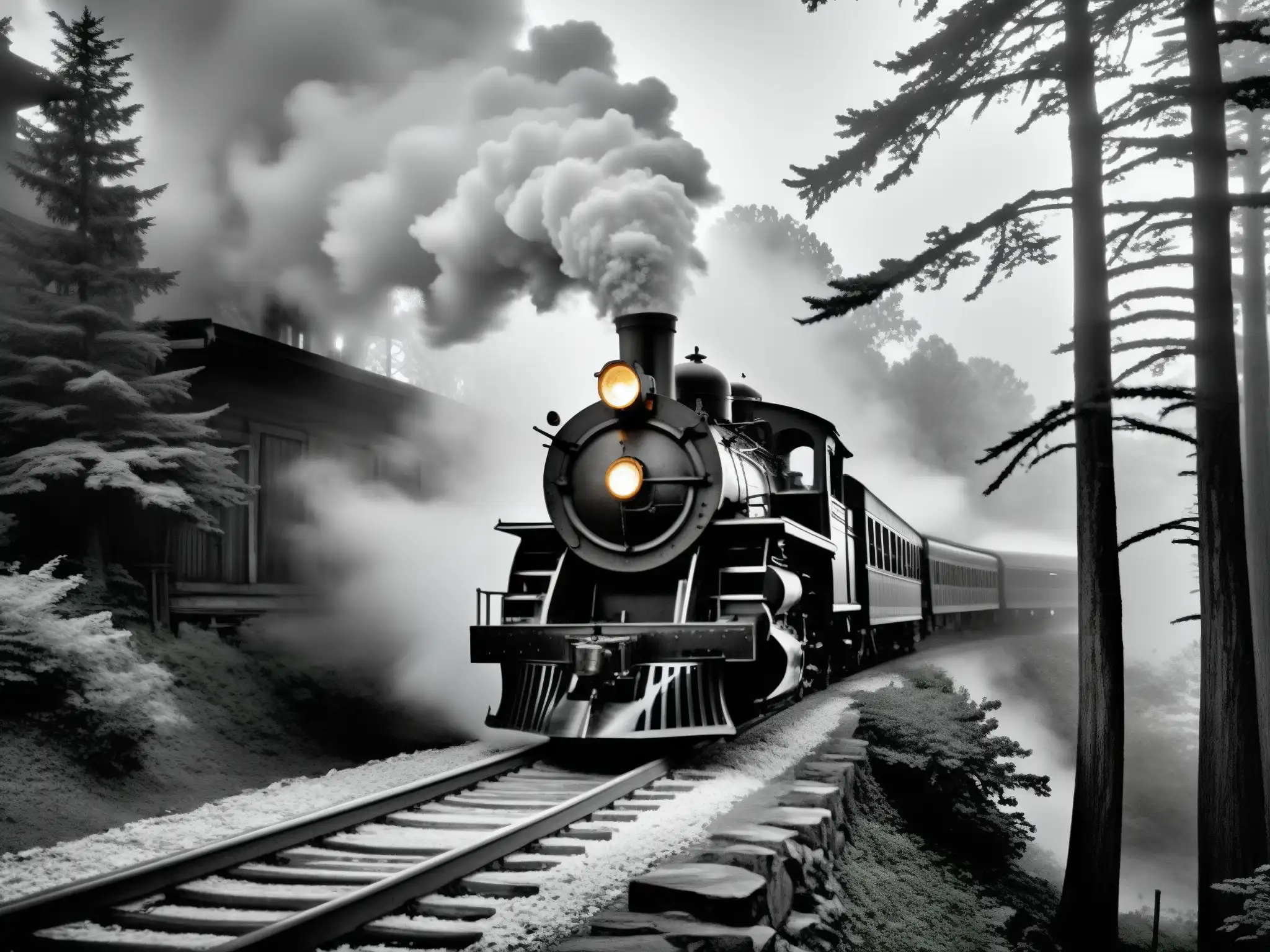 Imagen en blanco y negro del histórico tren fantasma de St