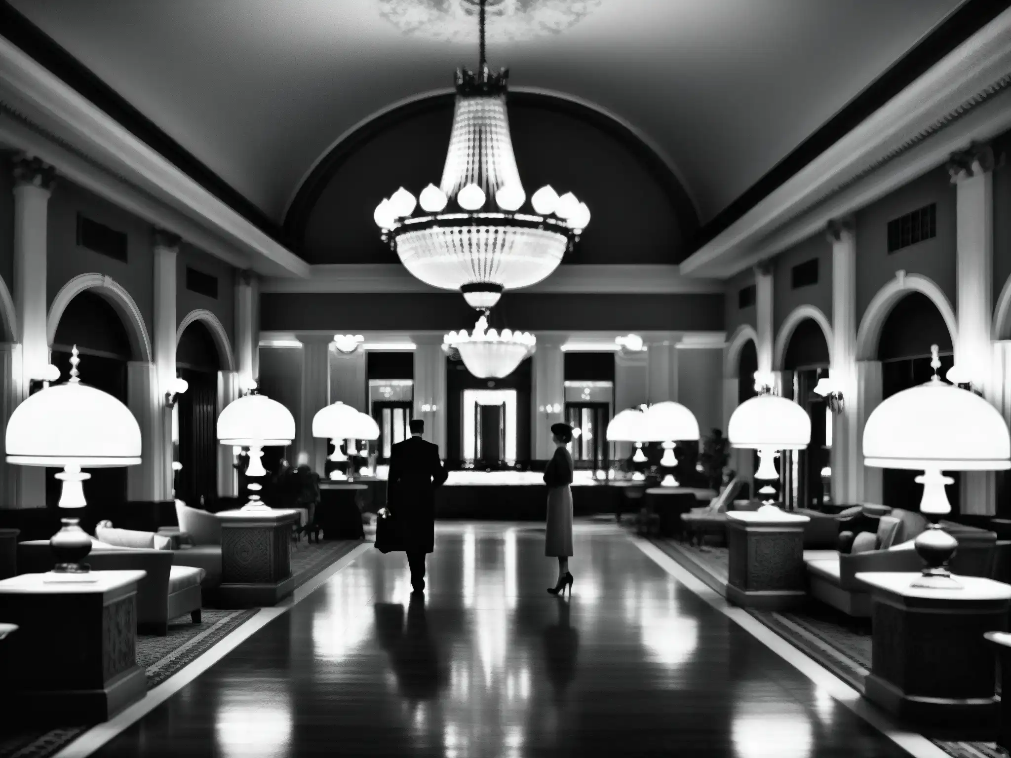 Una imagen en blanco y negro del majestuoso vestíbulo del Hotel Savoy, con una atmósfera de elegancia antigua y un toque de misterio
