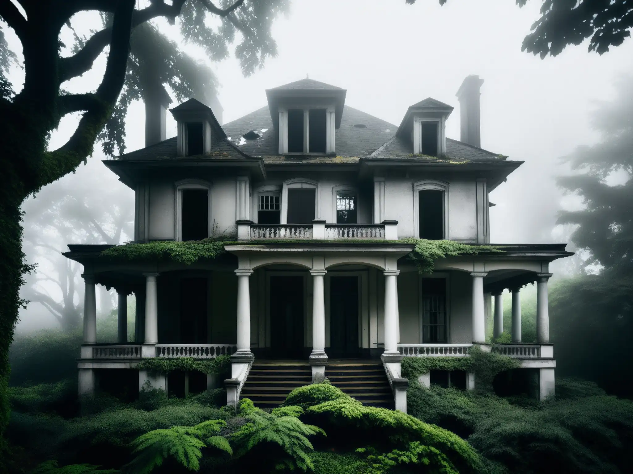 Imagen en blanco y negro de una mansión abandonada, rodeada de árboles descuidados y niebla