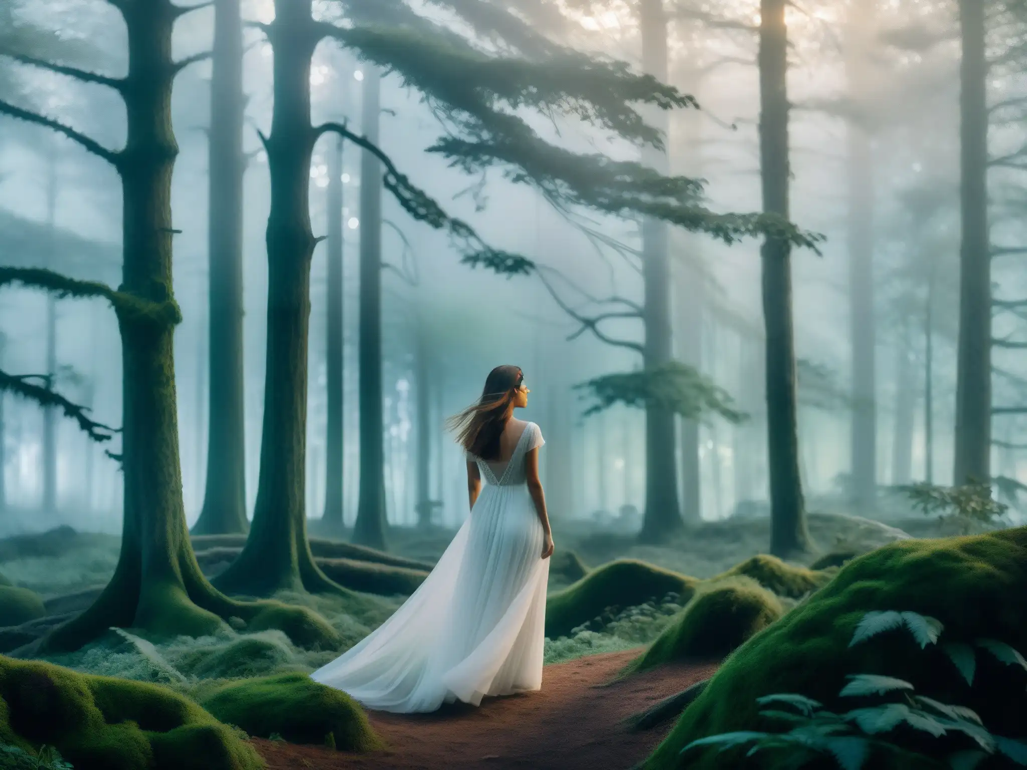 Imagen en blanco y negro de una misteriosa aparición de mujer en un bosque neblinoso al atardecer, evocando mitos y leyendas