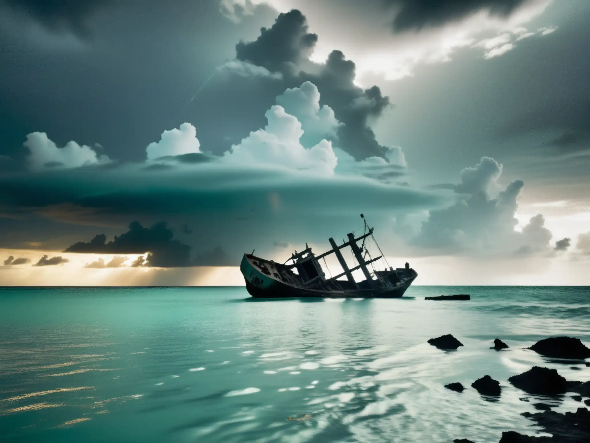 Imagen en blanco y negro de un naufragio en el mar, con restos de un barco grande parcialmente sumergido y rodeado de escombros
