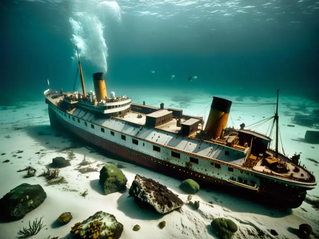 Imagen en blanco y negro del naufragio del Titanic en el fondo del mar, rodeado de sombras y vida marina, evocando la atmósfera fantasmal y misteriosa de su historia