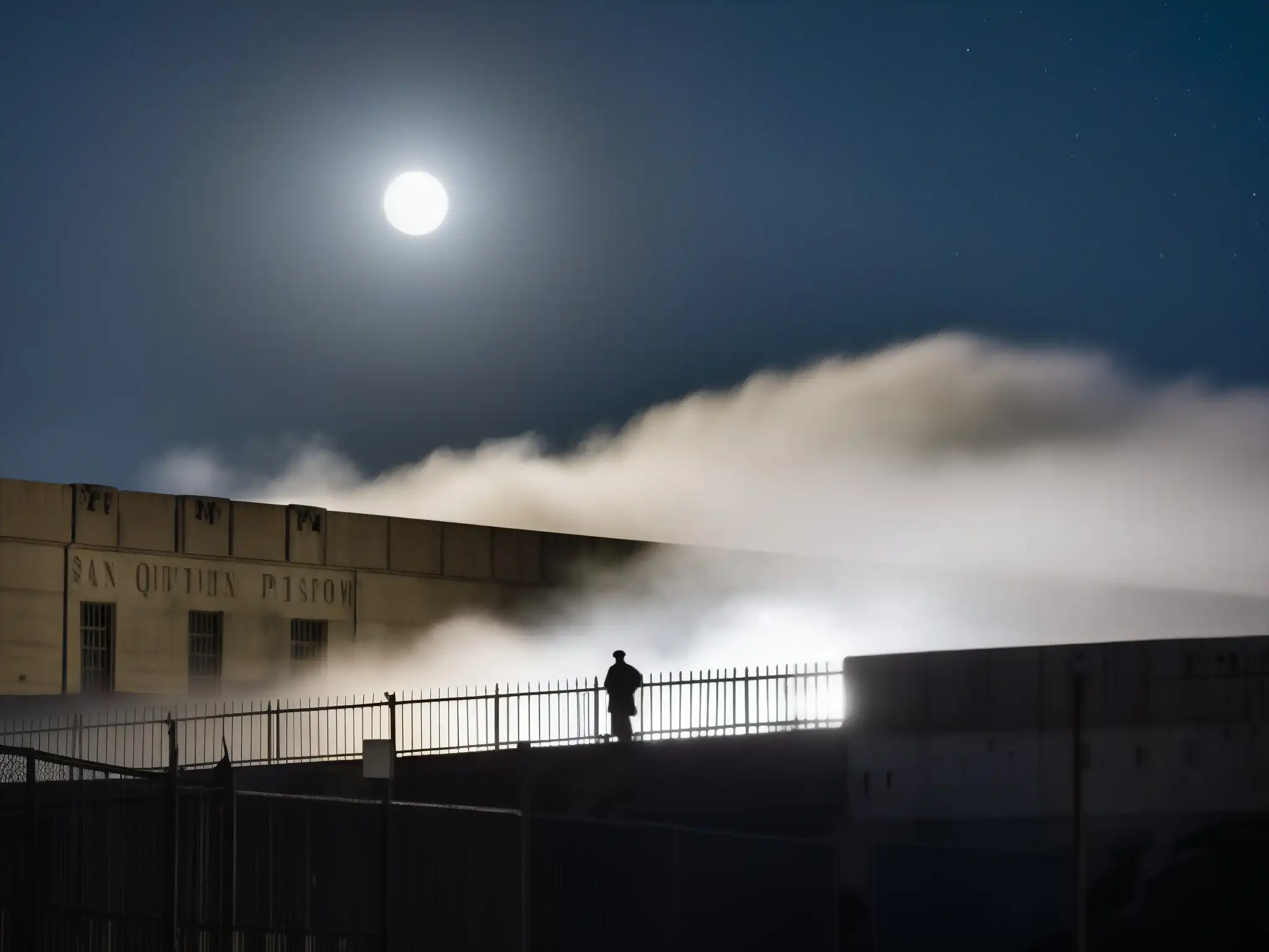 Una imagen en blanco y negro muestra la prisión de San Quentin de noche, con la luna brillante y una densa niebla